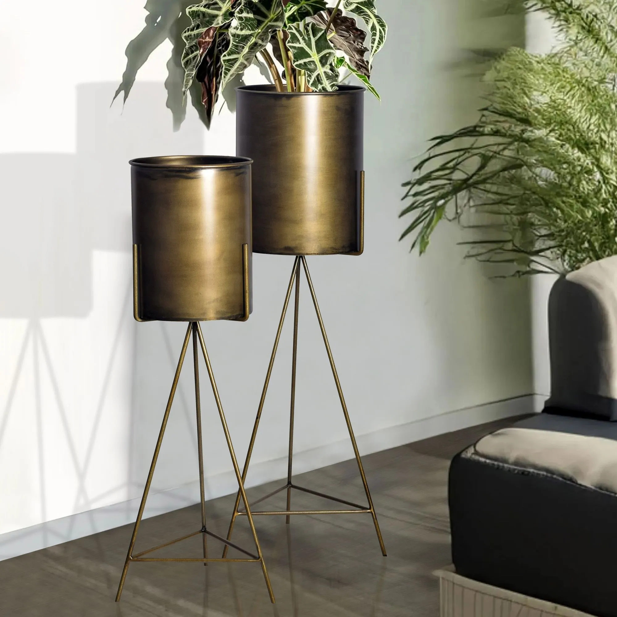 Blumentopf 2er Set Metall Pflanzkübel Gold mit Gestell
