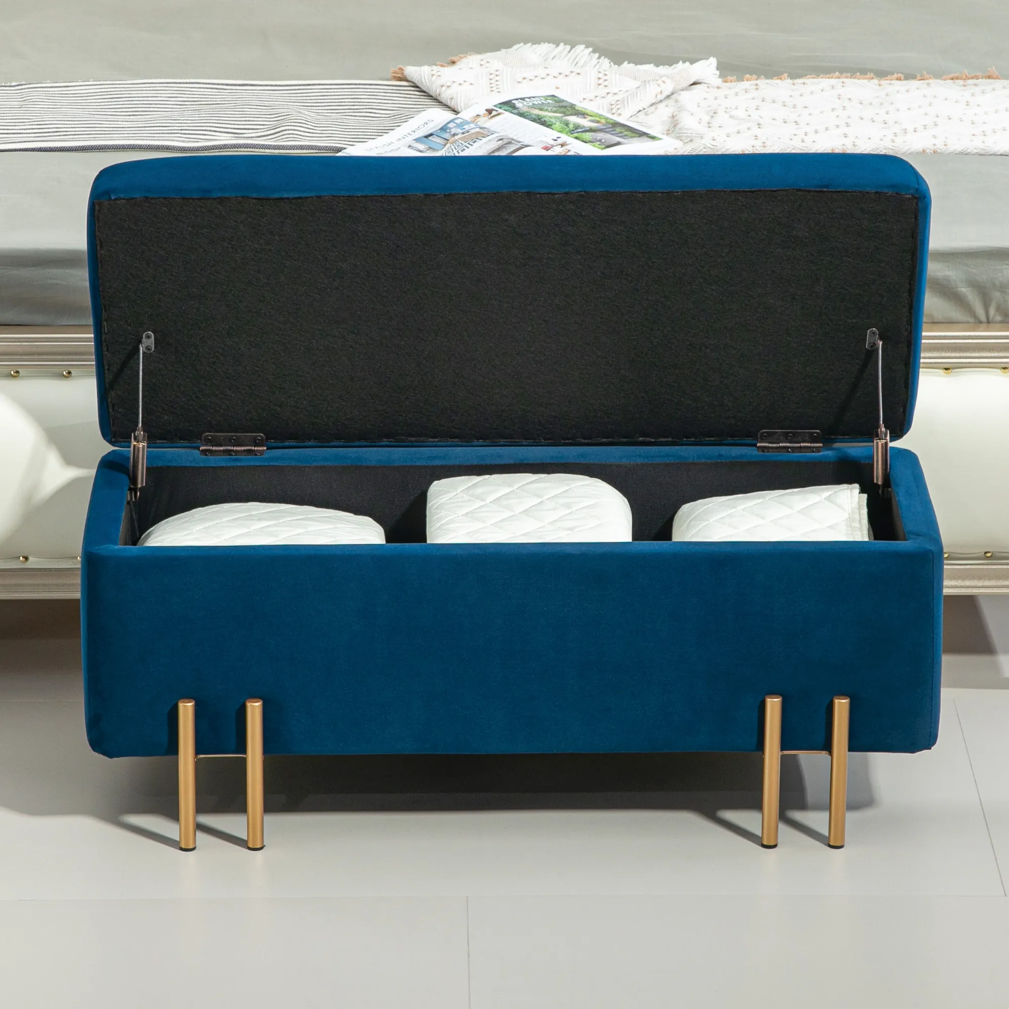 Sitzbank, Polsterbank mit Stauraum, Metall, Kautschukholz, Schaumstoff, 100 x 40 x 42 cm, Dunkelblau