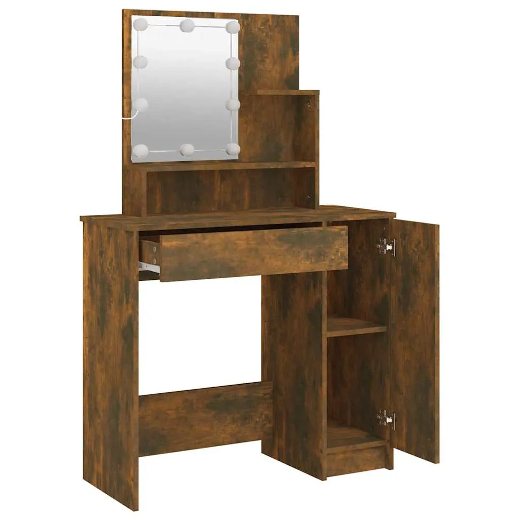 Schminktisch 86,5x35x136 cm Räuchereiche Massivholz mit LED-Beleuchtung