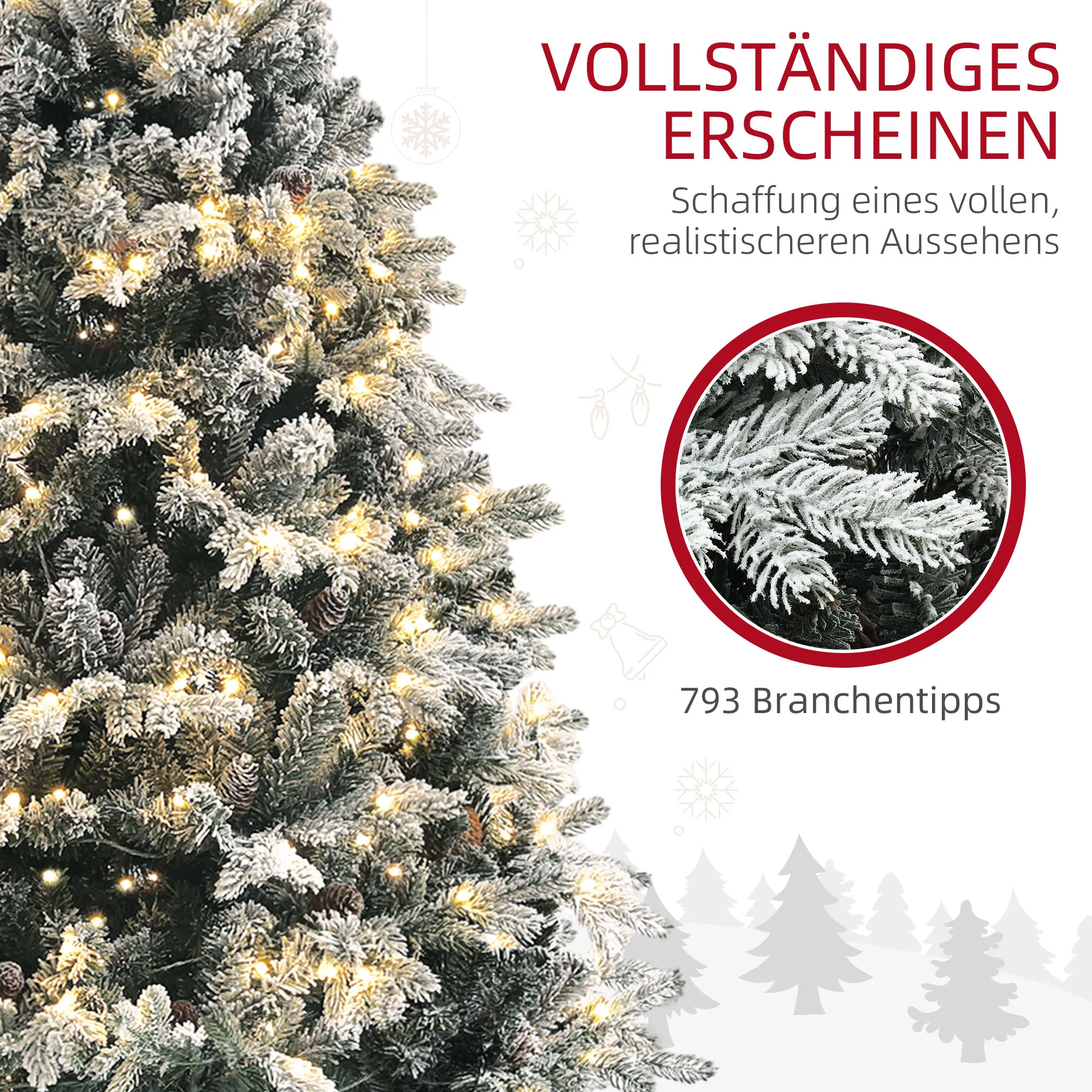 Künstlicher Weihnachtsbaum, 180 cm, LED-Lichter, schneebedeckt, flammenhemmend, Metall