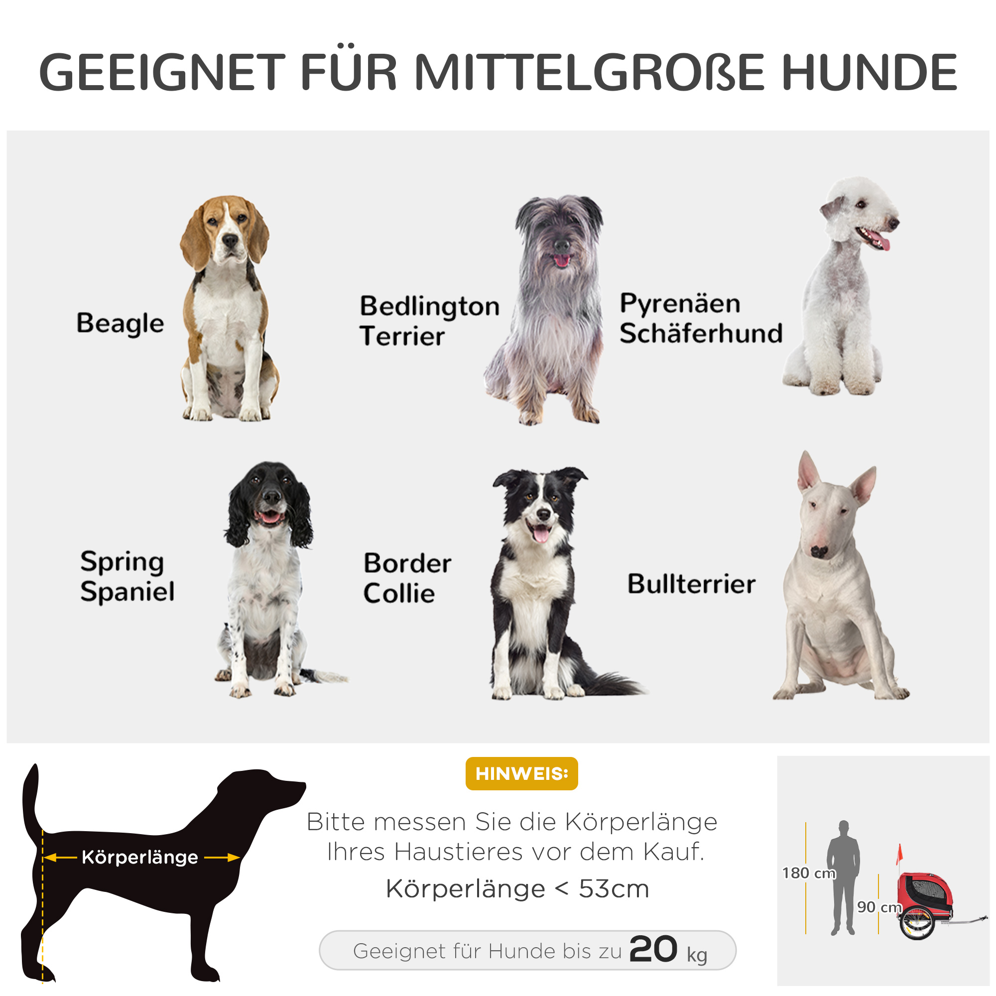 Hundeanhänger für Fahrräder bis 20 kg aus Stahl, Rot+Schwarz