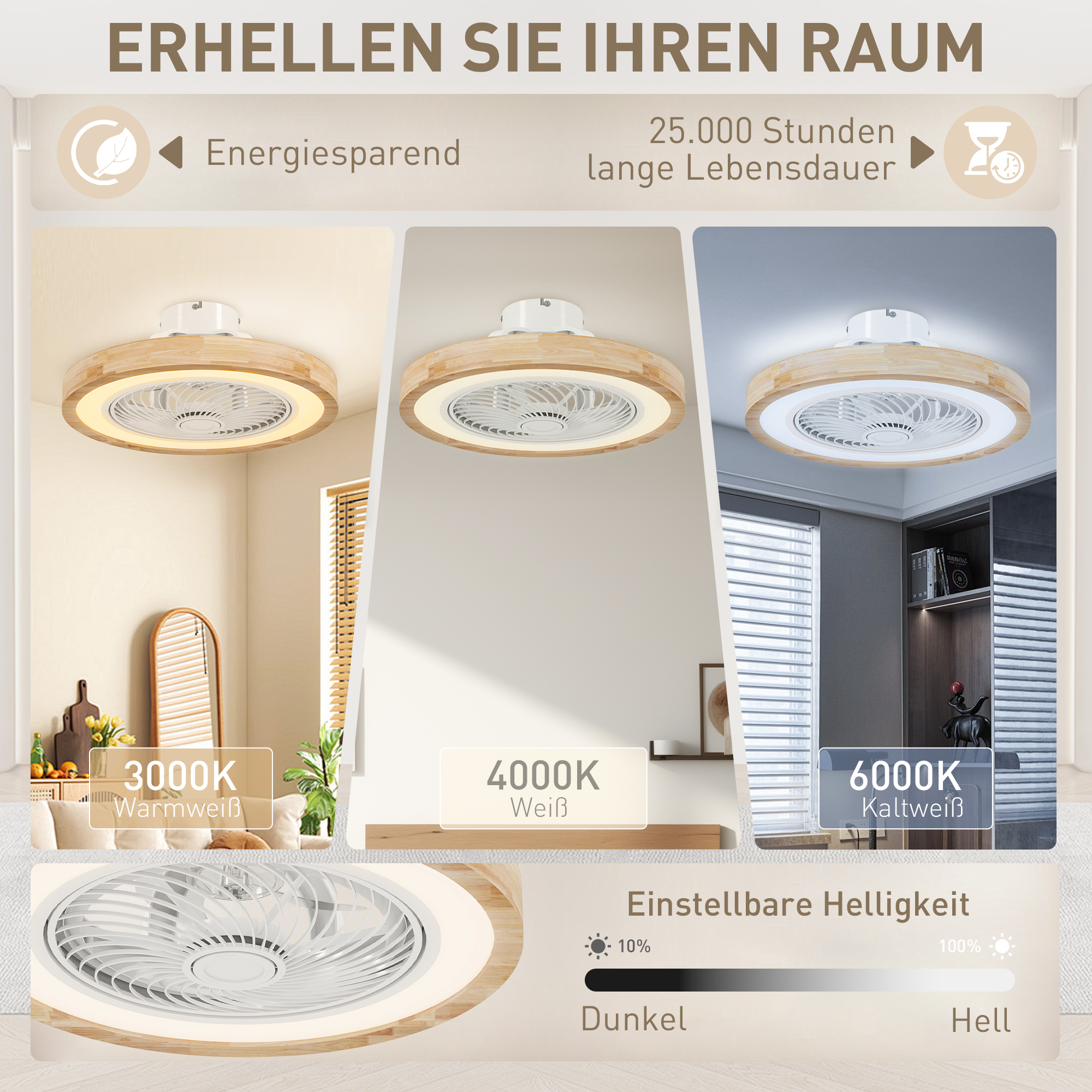 Deckenventilator mit Licht Ø50 cm Naturholz, 40 W