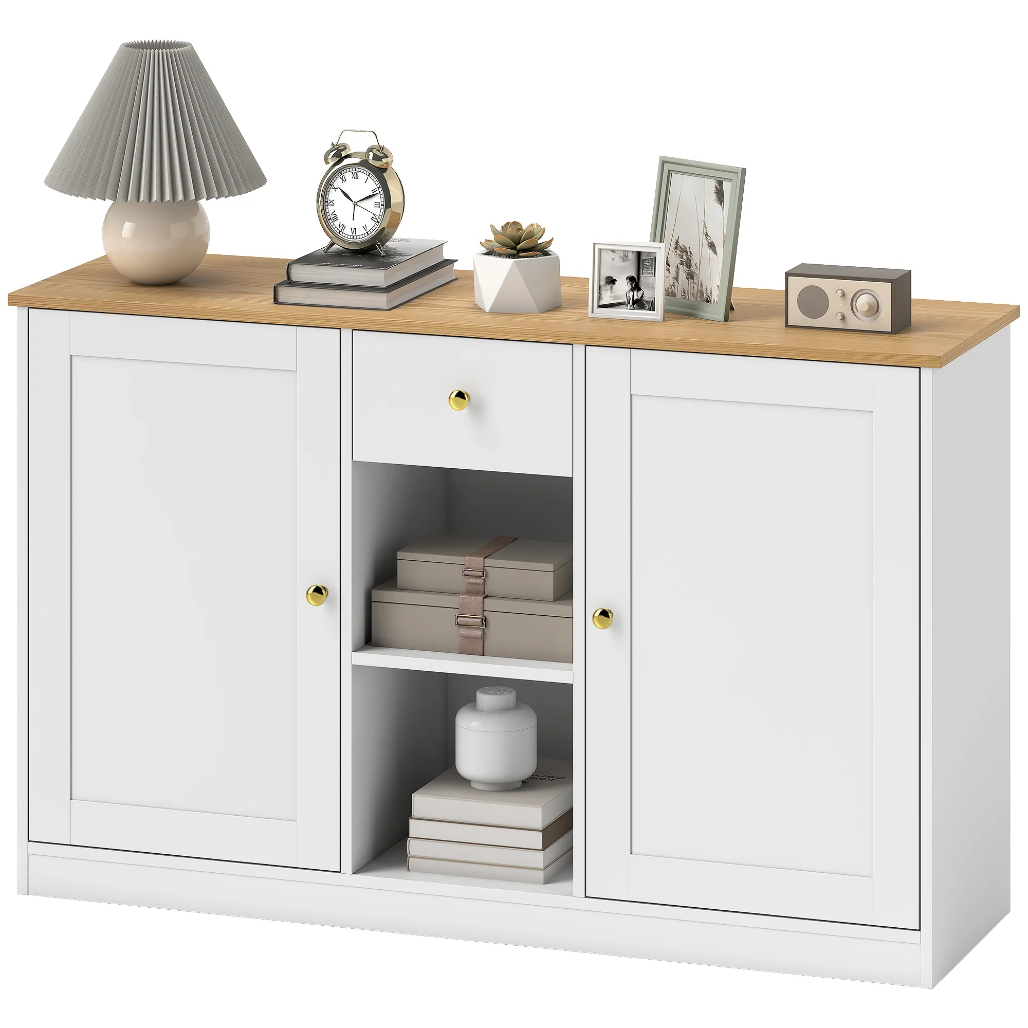 Küchenkommode, Sideboard mit Schublade, Schränken, Regalen, Spanplatte, Weiß