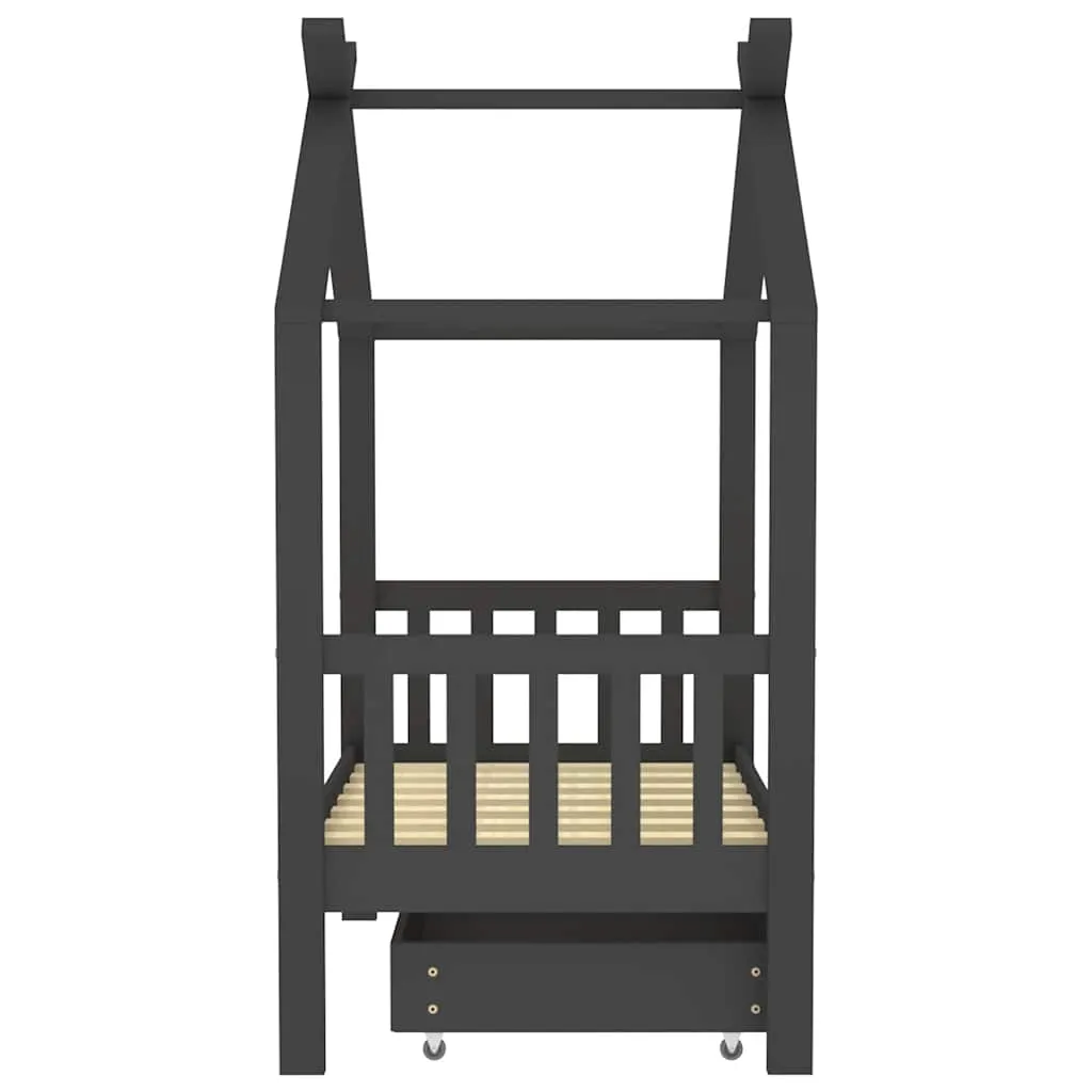 Massivholz Kinderbett Baumhaus mit Schublade 146x77x160 cm Dunkelgrau