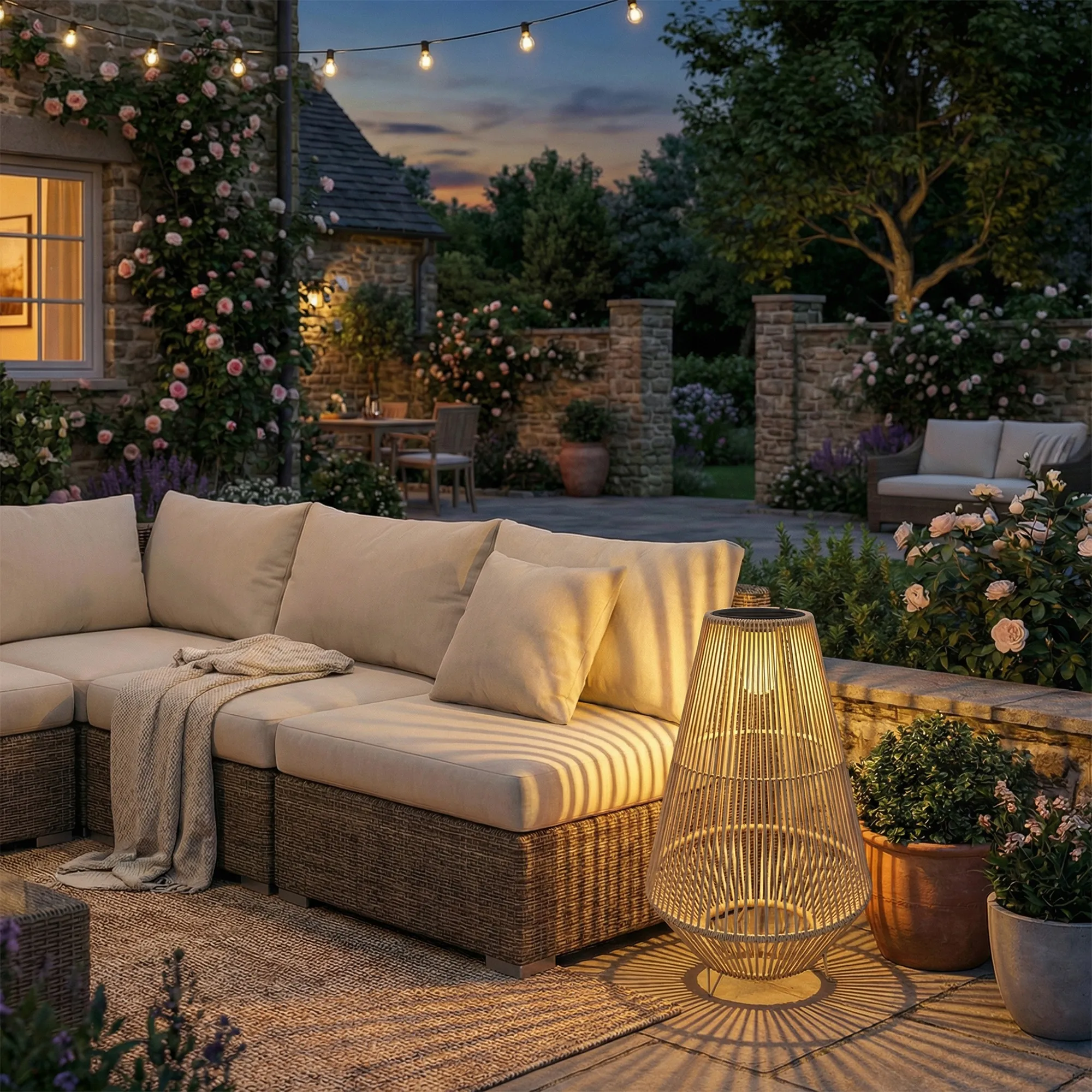 Solar Stehlampe Rattan Boho-Stil IP44 Gelb 35x35x55 cm