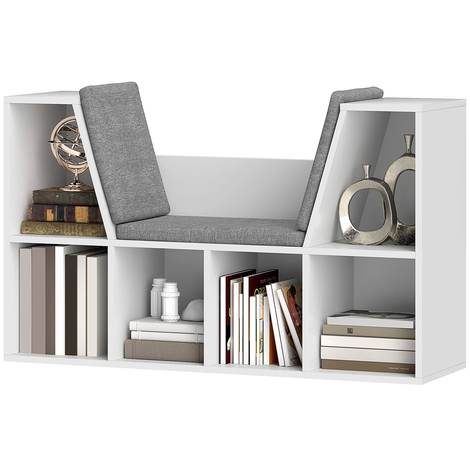 Bücherregal mit Sitzfläche, 6 Fächer, gepolstert, 105 x 30 x 63 cm, Weiß Bücherregal mit Sitzfläche, 6 Fächer, gepolstert, 105 x 30 x 63 cm, Weiß