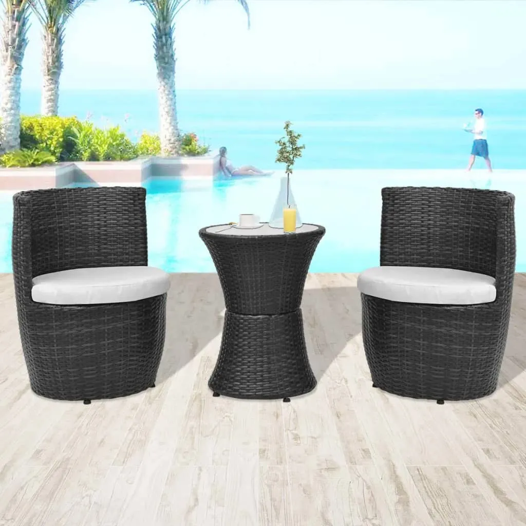 3-tlg. Bistro-Set mit Auflagen Poly Rattan Schwarz