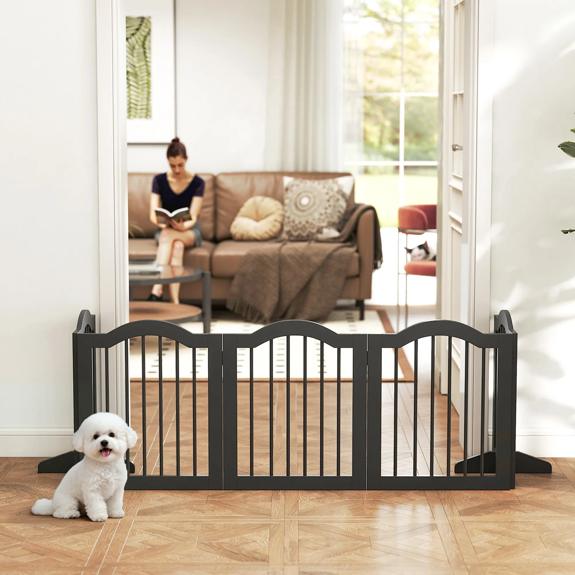 Hundegitter freistehend aus Holz, klappbar, 261,5 x 61 cm, Schwarz