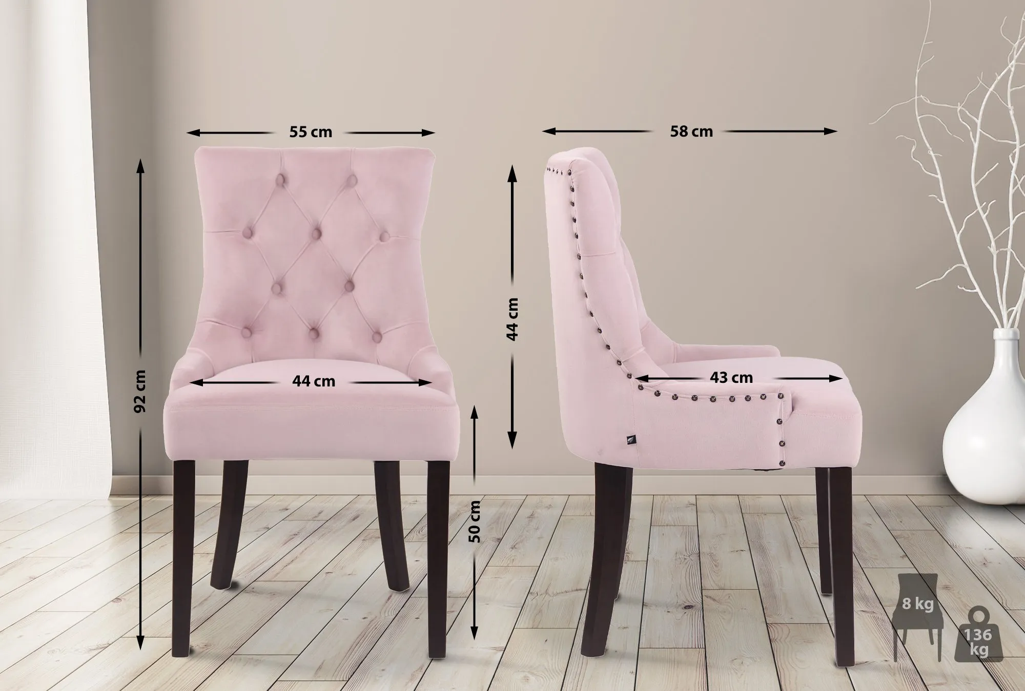 Esszimmerstuhl Aberdeen Samt 4er Set 92x55x58 cm pink