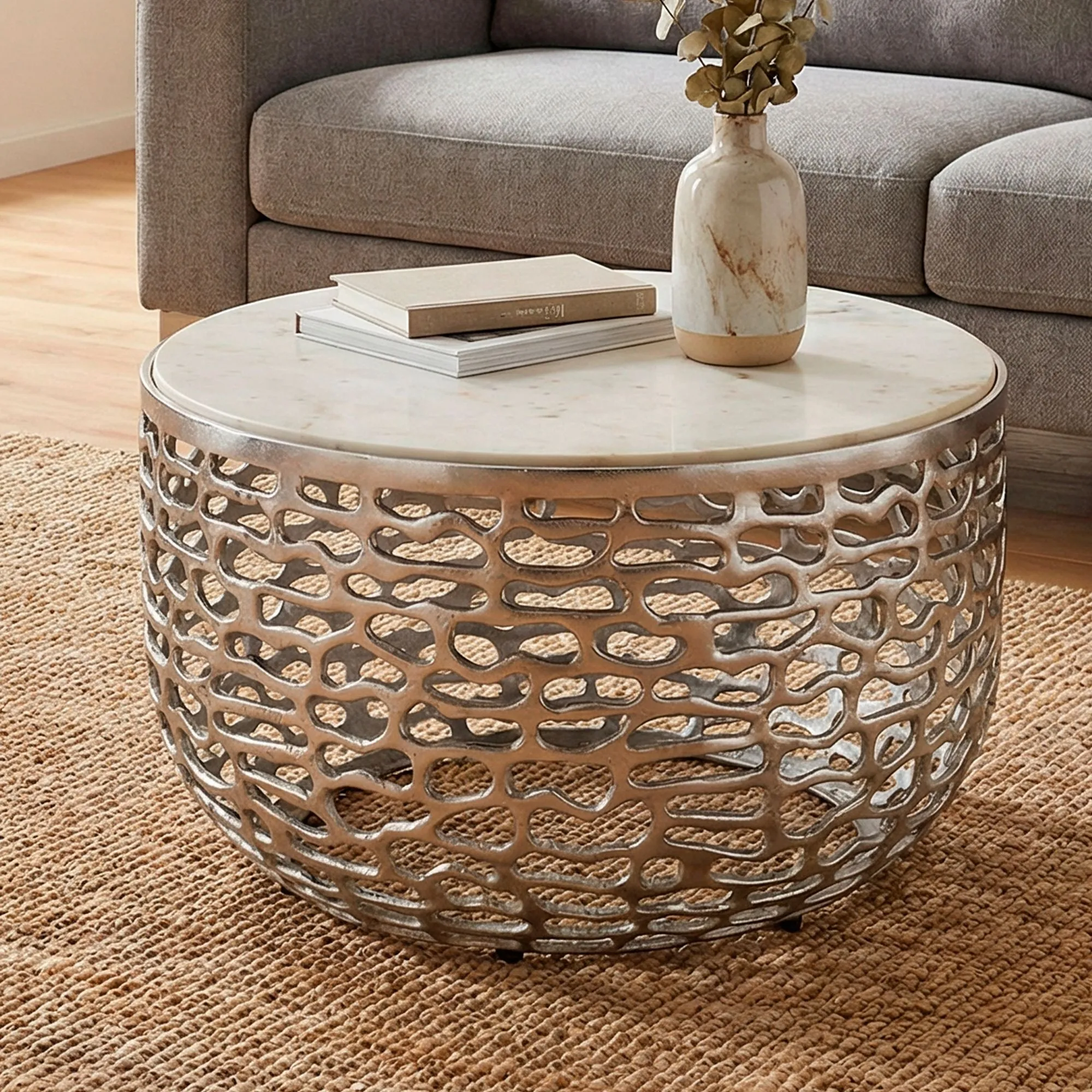 Design Metall Couchtisch Silber mit weißer Marmor Tischplatte 60 cm rund - Aluminium Wohnzimmertisch Modern - Loungetisch Alu Beistelltisch Wohnzimmer Handmade