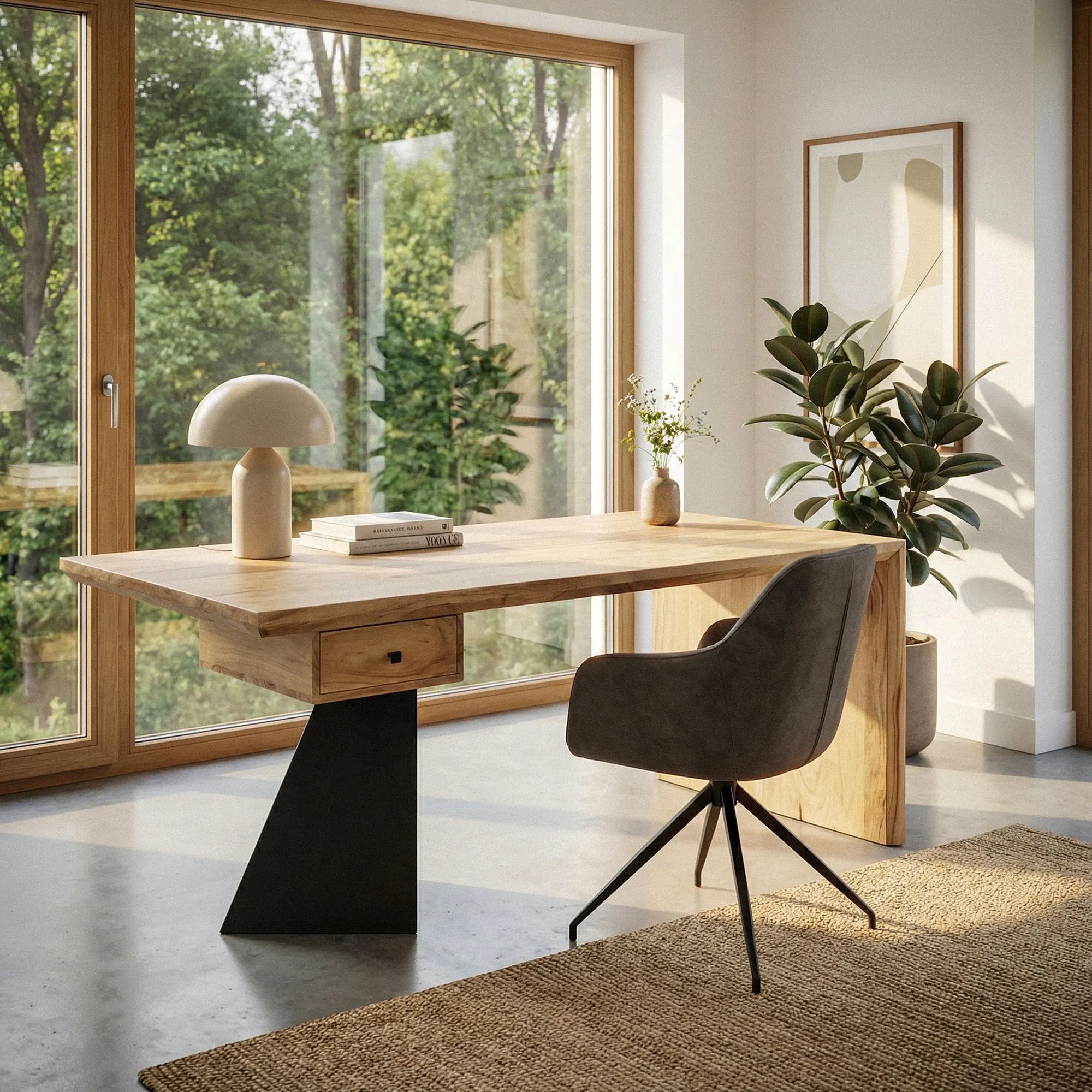 Schreibtisch aus Massivholz Akazie 180 x 90 cm rechteckig mit Schublade - Moderner massiver Bürotisch mit Metall - Natur Holztisch Industrial Design