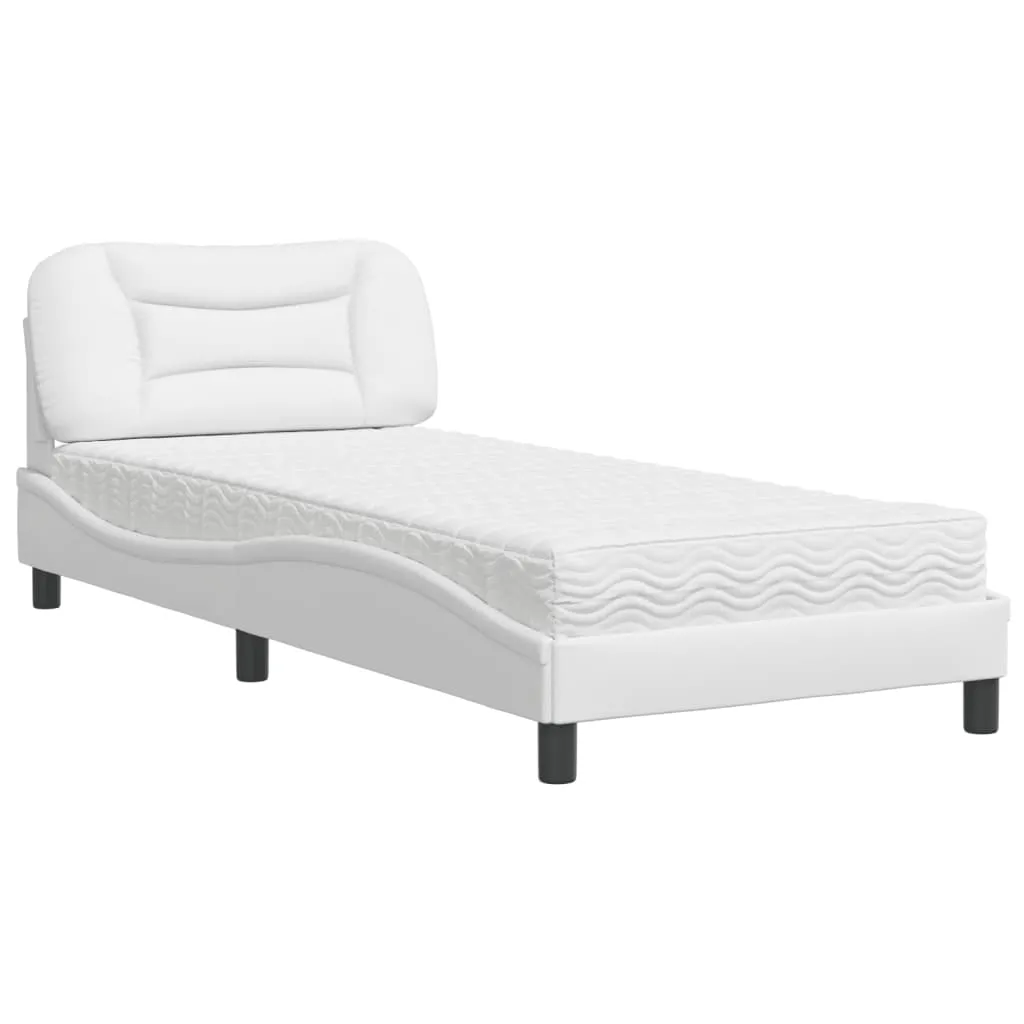 Weißes Kunstlederbett 208x95x74,5 cm mit Schaumstoffmatratze H2/H3