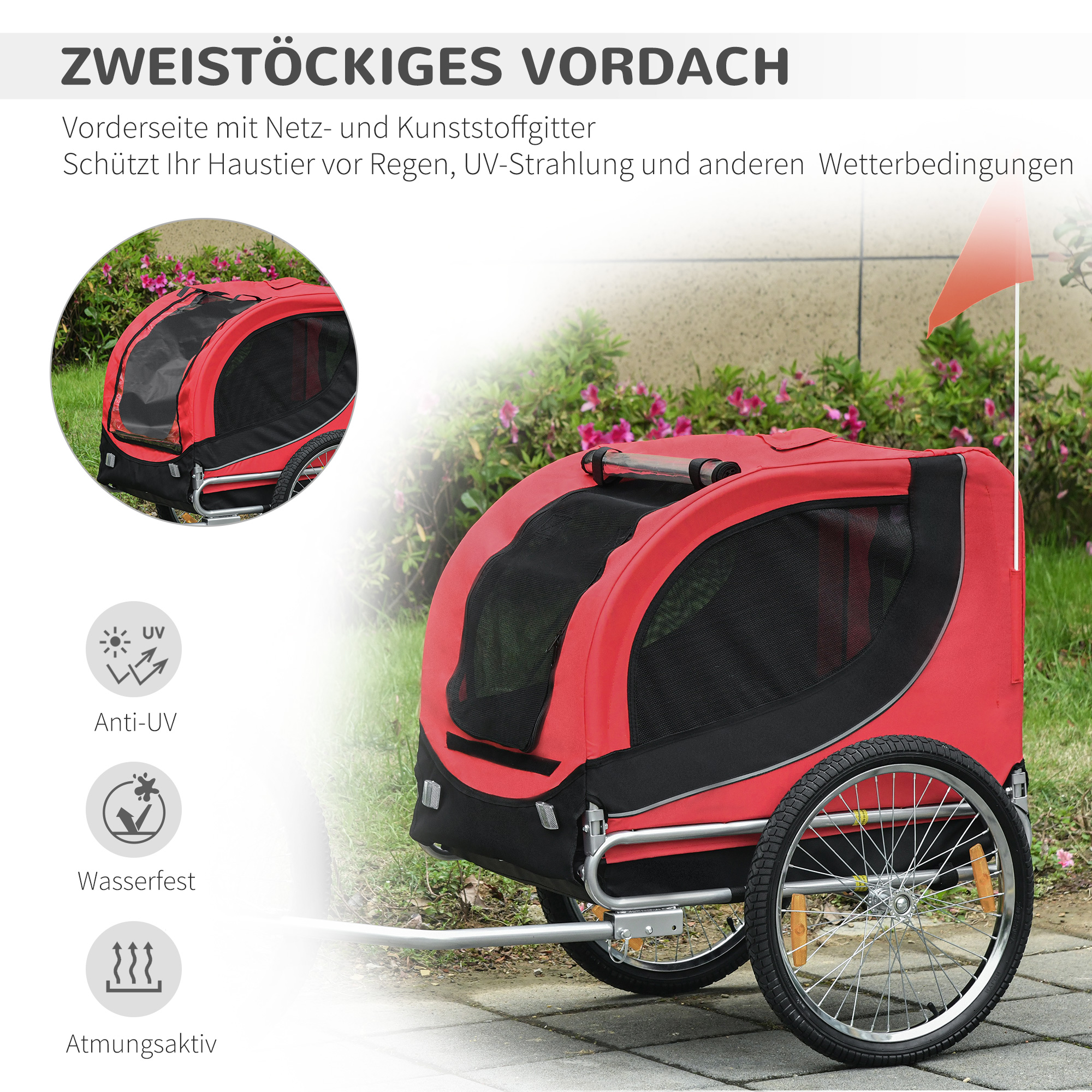 Hundeanhänger für Fahrräder bis 20 kg aus Stahl, Rot+Schwarz