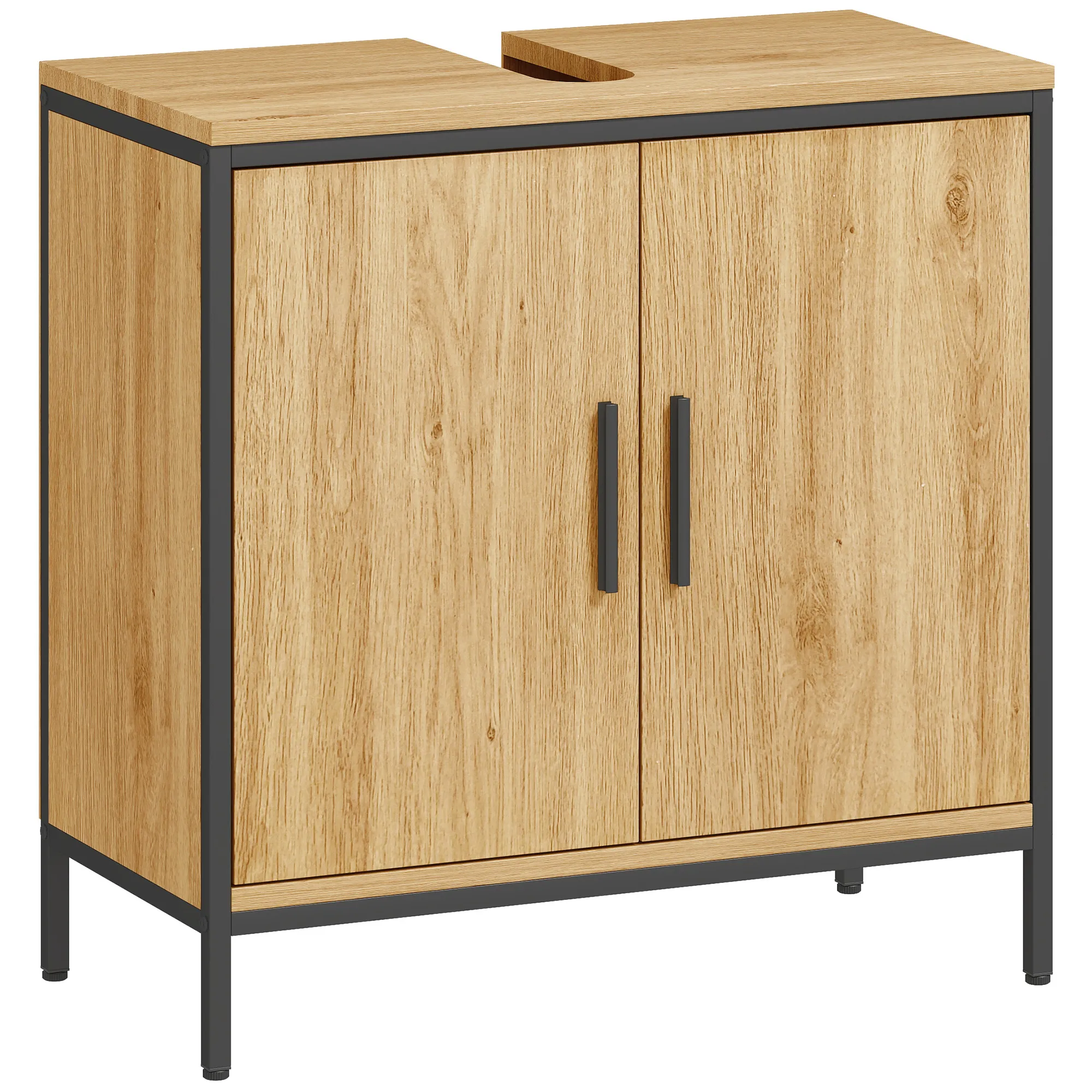 Waschbeckenunterschrank Badezimmer Unterschrank mit 2 Türen, einstellbarem Regal Badezimmerschrank mit Stahlrahmen, für Waschbecken ohne Sockel, Eiche, 60x30x60 cm