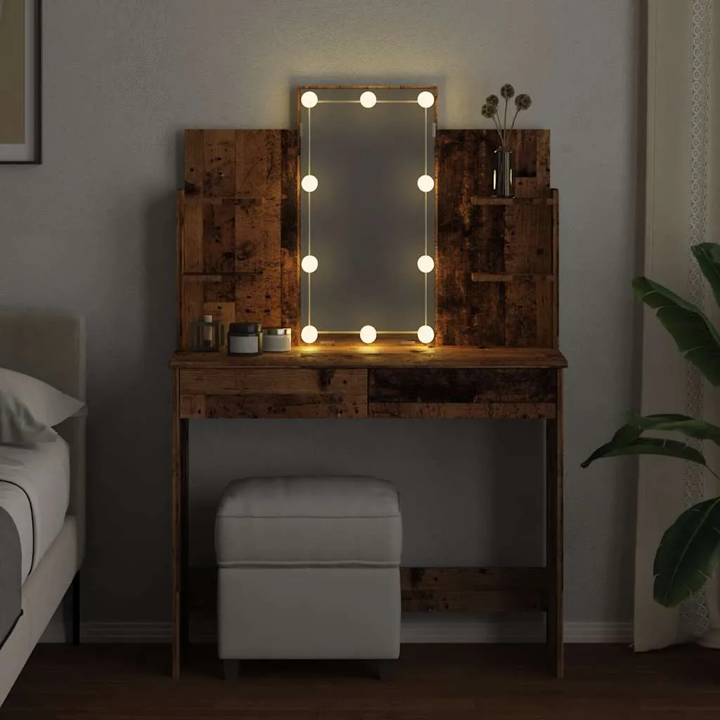 Schminktisch mit Spiegel und LED-Beleuchtung 96x40x142 cm Altholz
