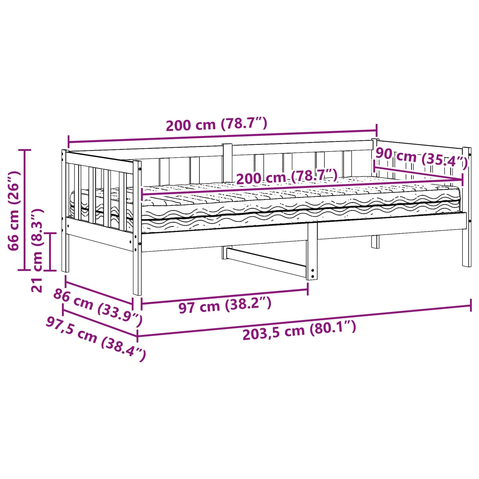 Tagesbett Massivholz 90x200 cm Wachsbraun-Weiß