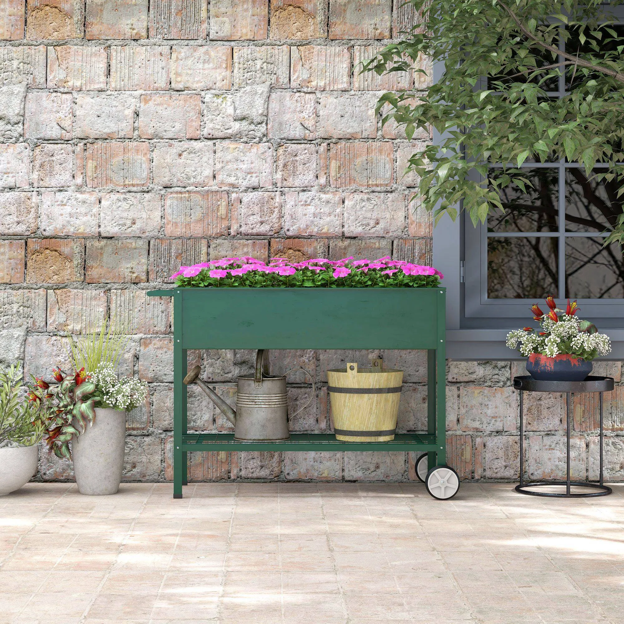 Hochbeet Pflanzbeet Pflanzkasten, 1 Ablage, 2 Rollen, 109 cm x 44 cm x 80 cm, Grün