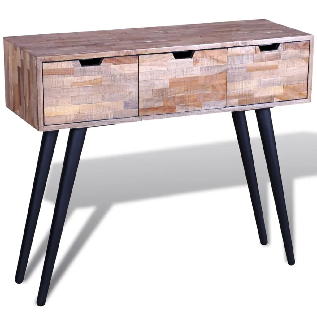 Konsolentisch aus Naturholz 87x31x75 cm mit schwarzem Gestell und 3 Schubladen