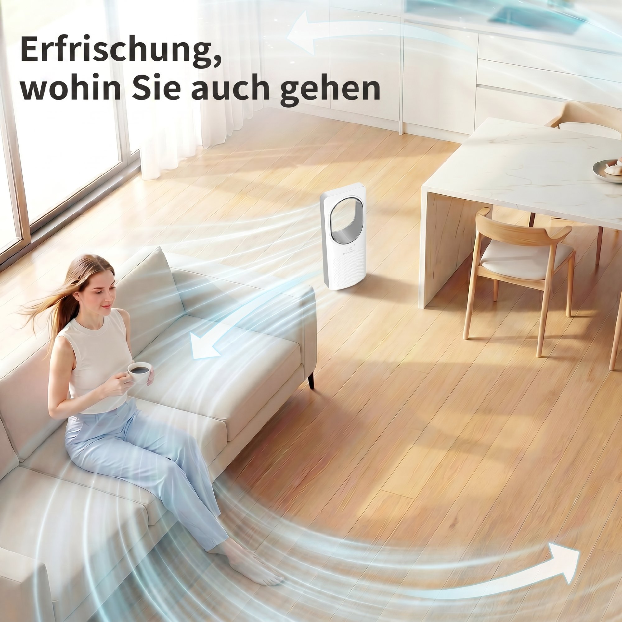 Bladeless Turmventilator für Schlafzimmer, 36 dB Standventilator mit 45° Oszillation, 3 Geschwindigkeiten, 3 Modi, 15-Stunden-Timer, Weiß