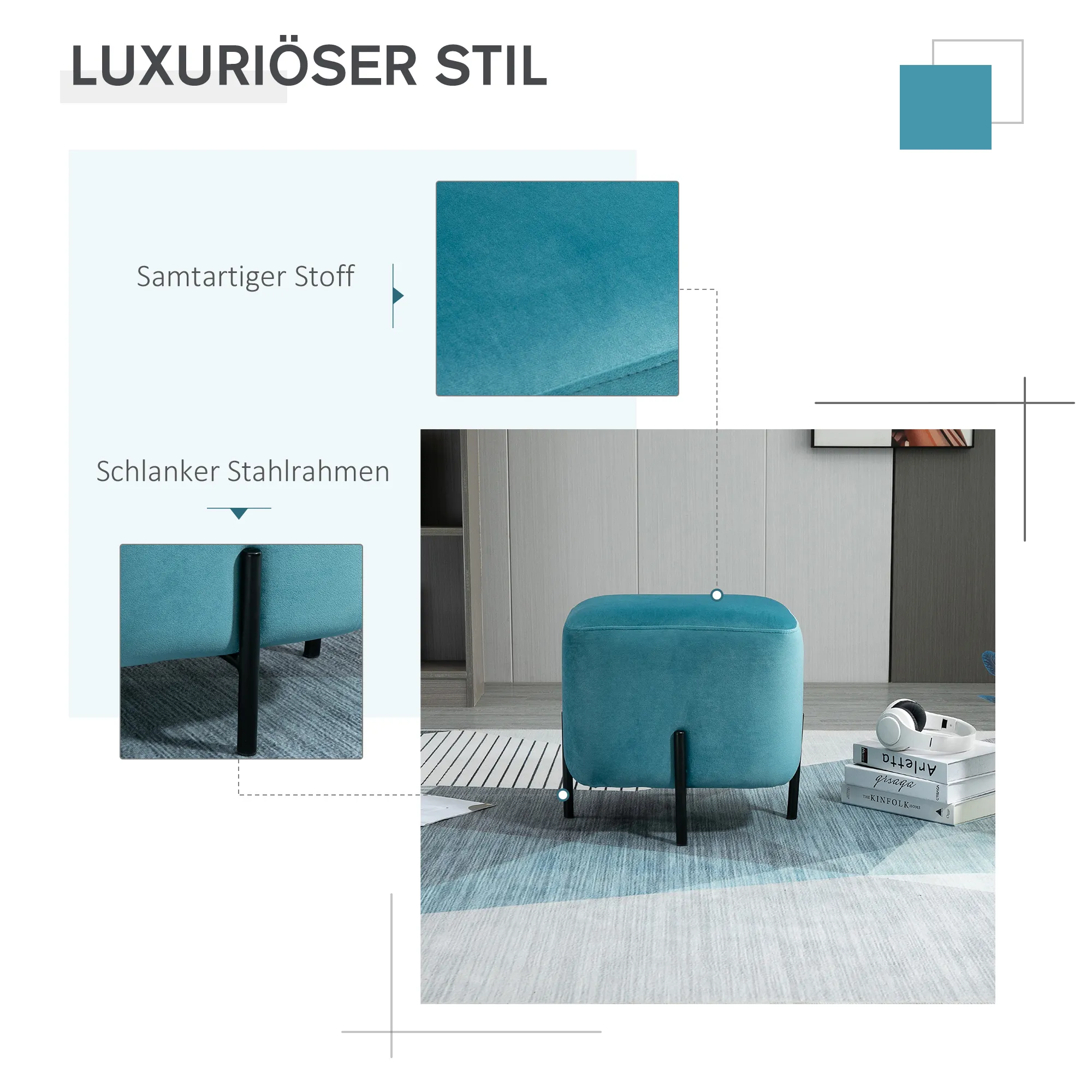 Fußhocker Fußstütze gepolstert Polyester Stahl Schaumstoff Türkis 44,5 x 44,5 x 41,5 cm