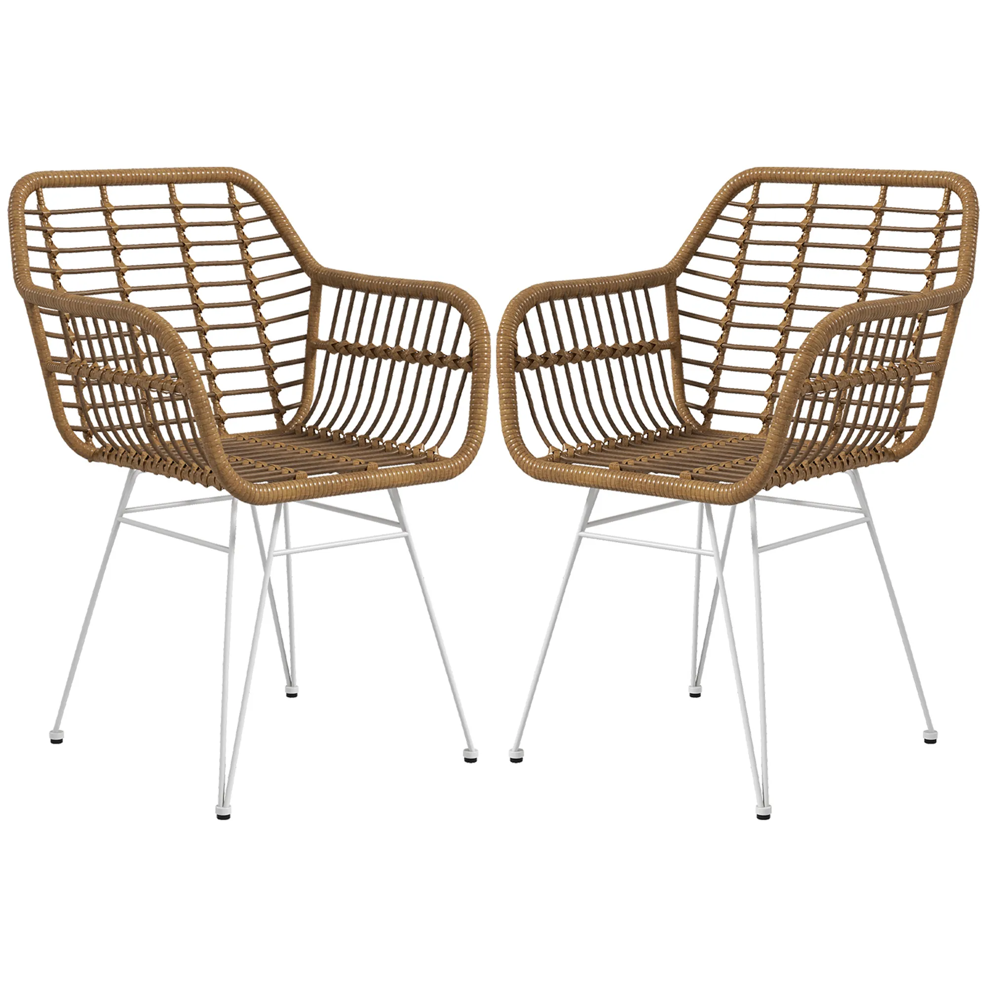 2-er-Set Stühle im Boho-Stil, Küchenstühle, PE-Rattan, 56 x 60 x 79 cm, Natur + Weiß