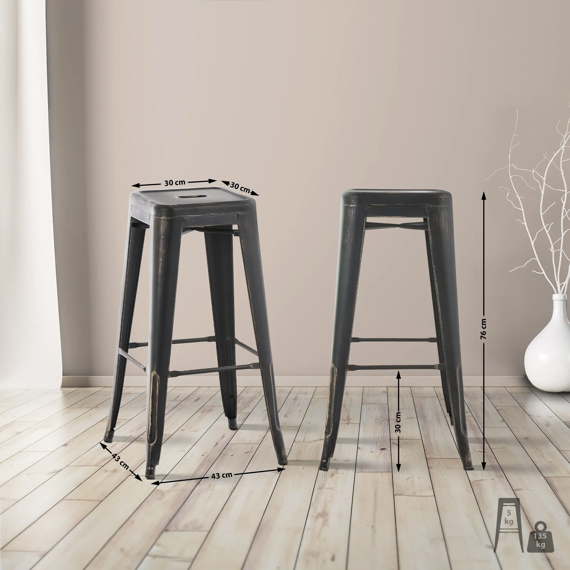 Barhocker Joshua Set 2-teilig 76x43x43 cm schwarz-gold
