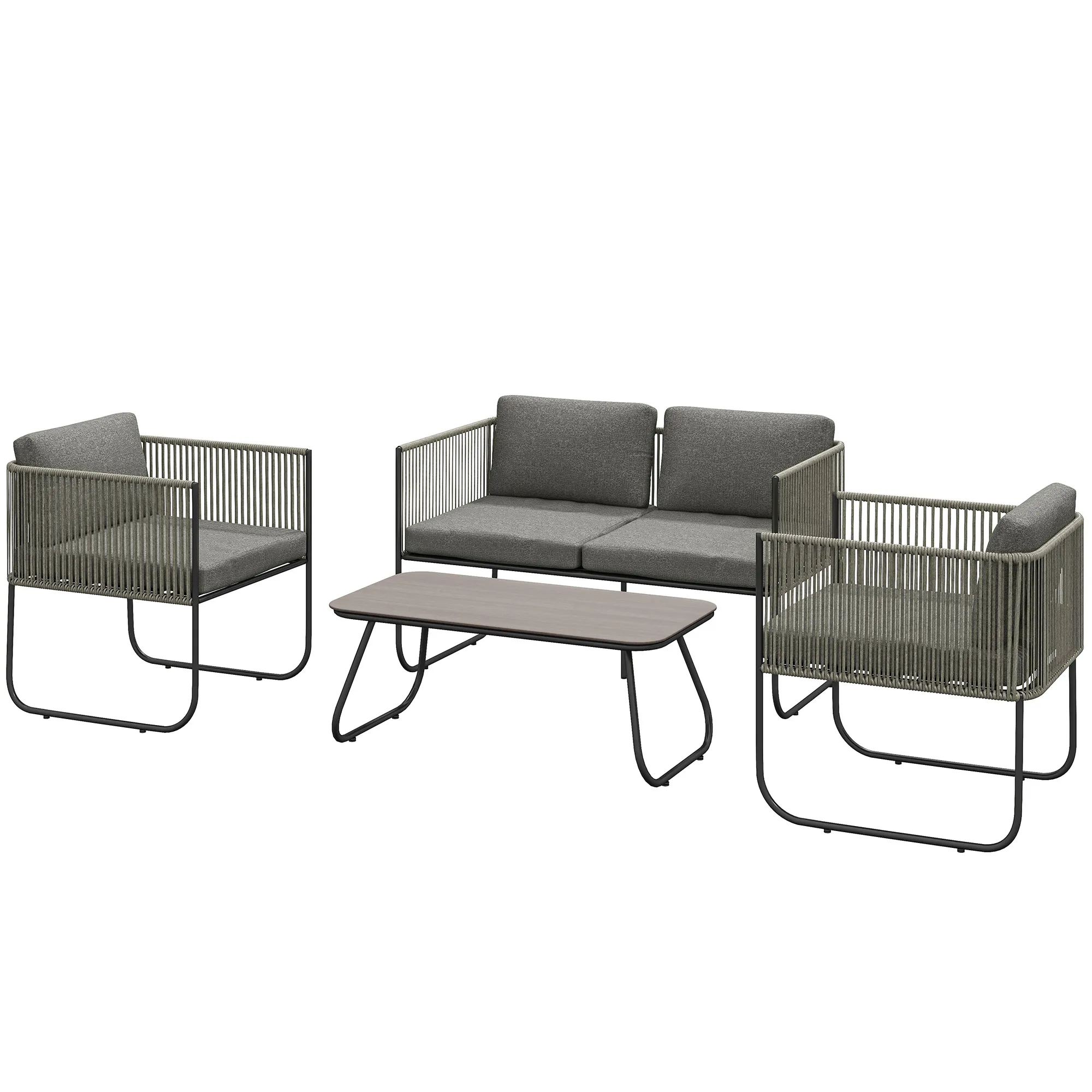 Polyrattan-Sitzgruppe Dunkelgrau 2 Sessel, Loveseat, Couchtisch