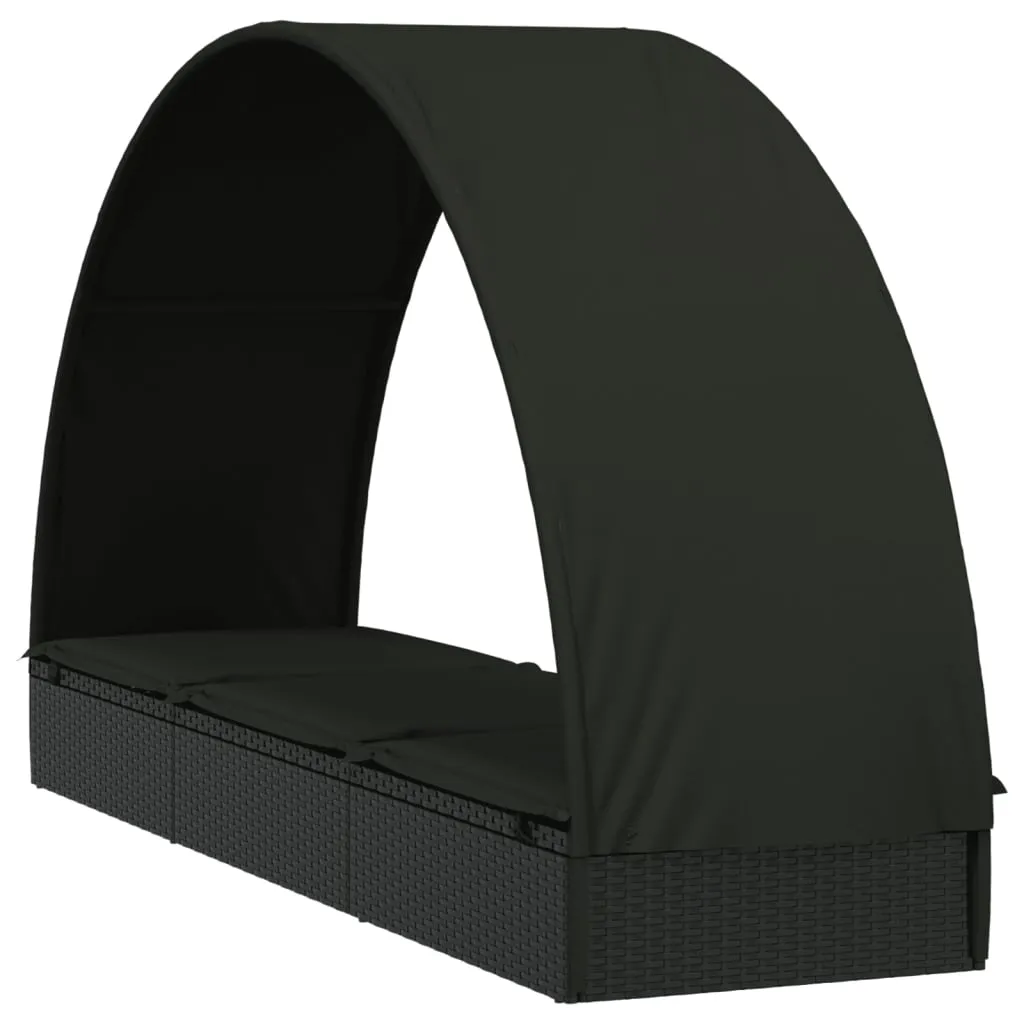 Sonnenliege mit Dach 211x57x140 cm Schwarz aus PE-Rattan und Stahl
