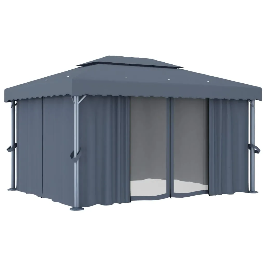Stilvoller Pavillon 4x3 m Anthrazit mit Doppeldach und Solar-Lichterkette