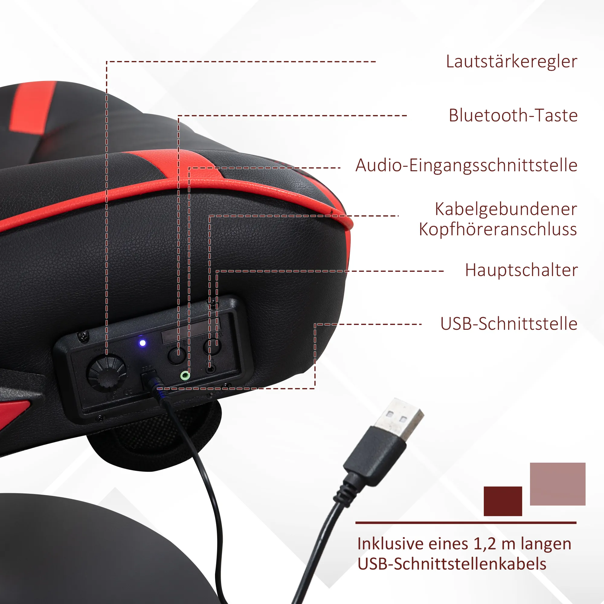Gamingsessel, Gamingstuhl, integrierte Lautsprecher, neigbare Rücklehne, schwarz+rot, 69 x 73 x 118cm