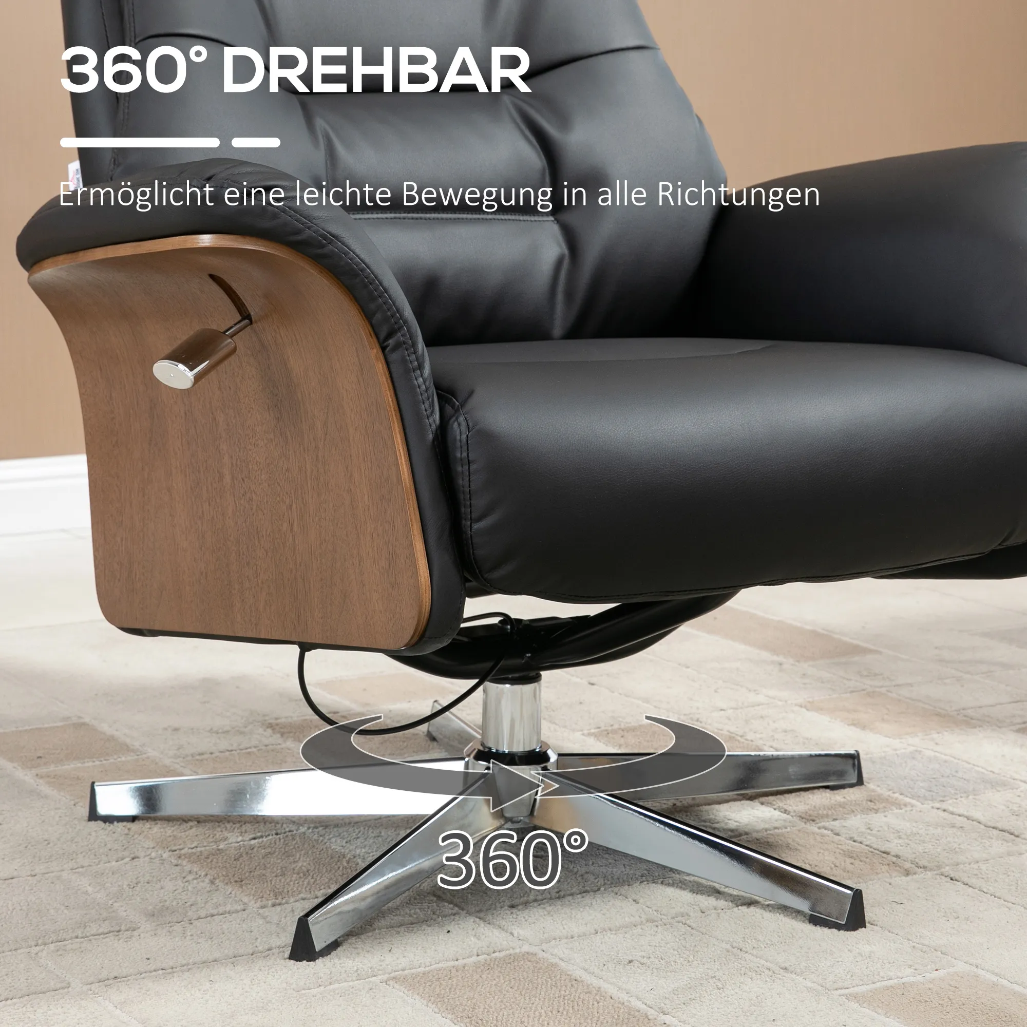 Relaxsessel mit Fußhocker, um 360° drehbar, Liegefunktion, Lesesessel, schwarz, 80 x 84 x 108 cm