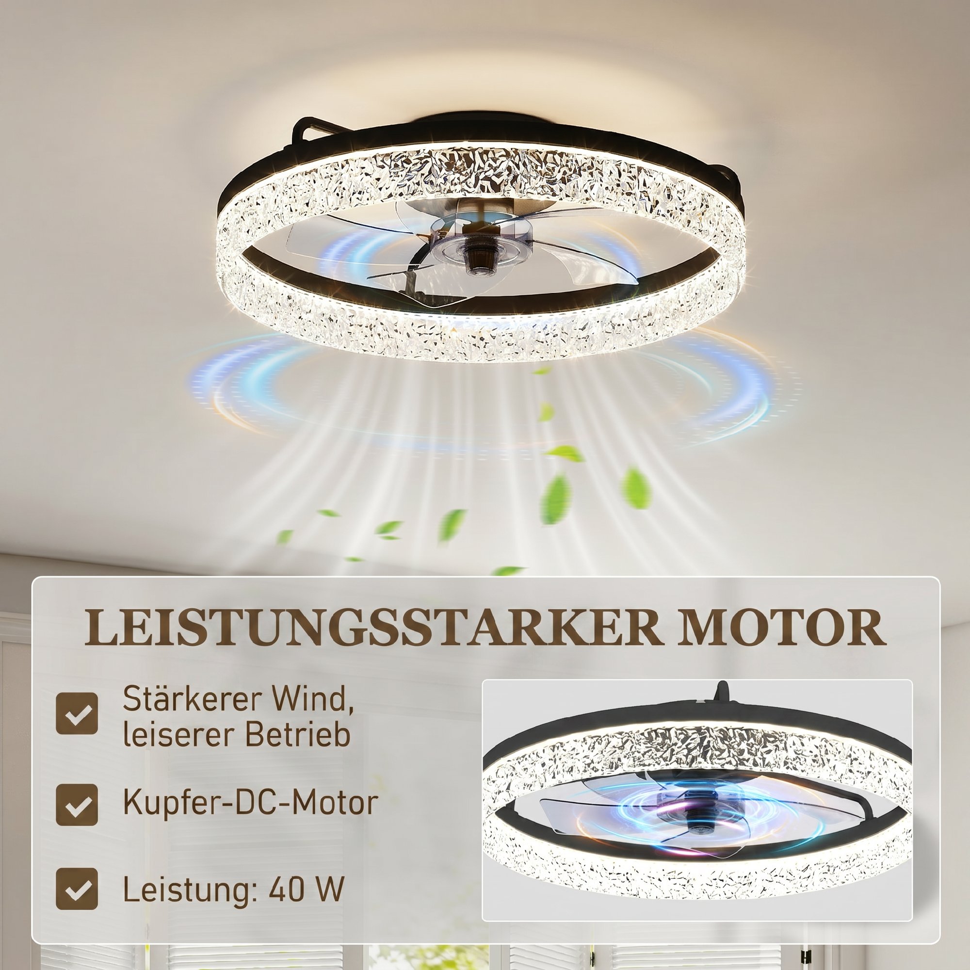 Deckenventilator mit Licht, dimmbarer LED-Deckenventilator mit Fernbedienung für Schlafzimmer und Wohnzimmer, Schwarz