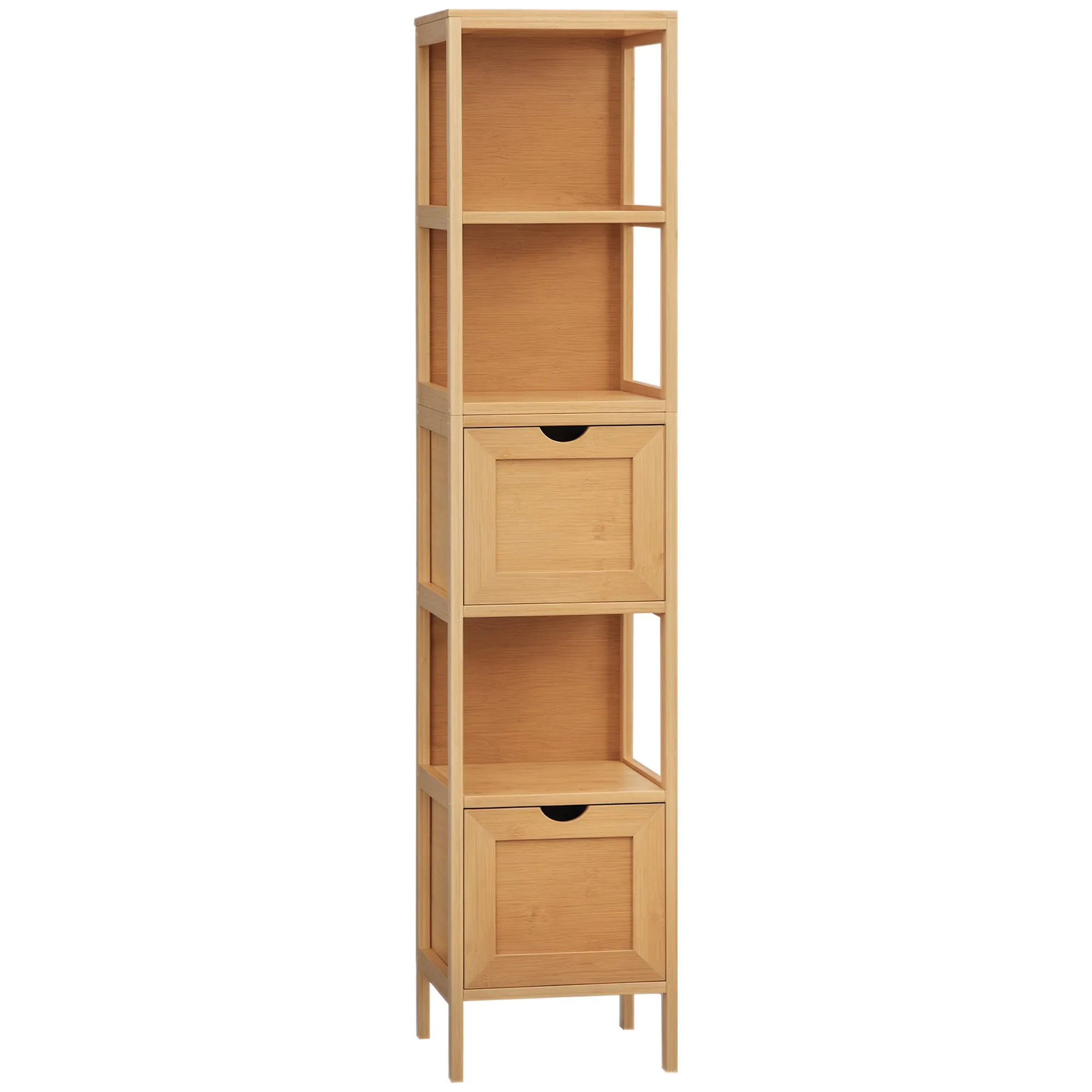 Badezimmerschrank, 3 Regale, 2 Schubladen, Bambus, 30 cm x 30 cm x 140 cm, Natur Badezimmerschrank, 3 Regale, 2 Schubladen, Bambus, 30 cm x 30 cm x 140 cm, Natur