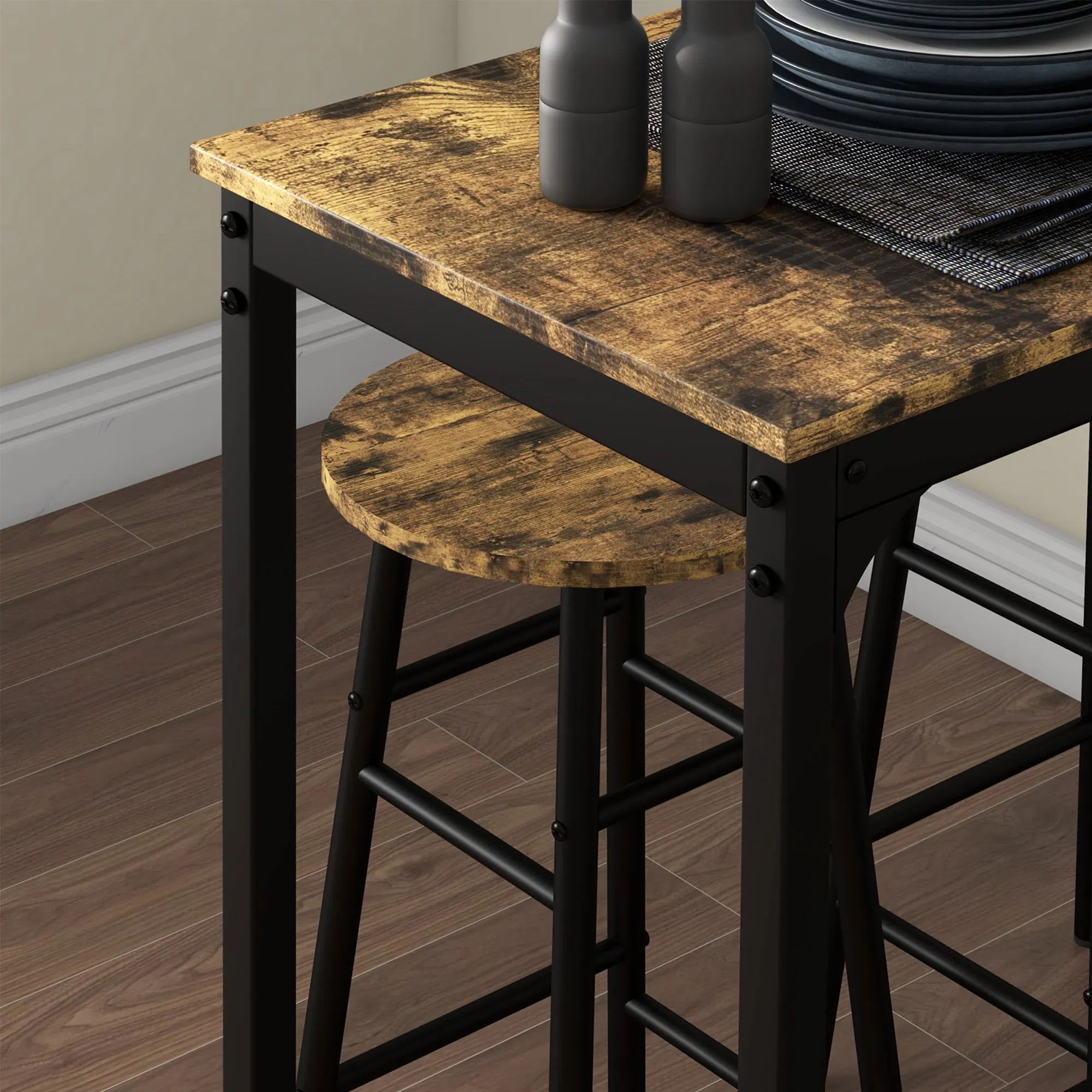 Bartisch-Set für 2 Personen, 105x40x90 cm, Rustikales Braun
