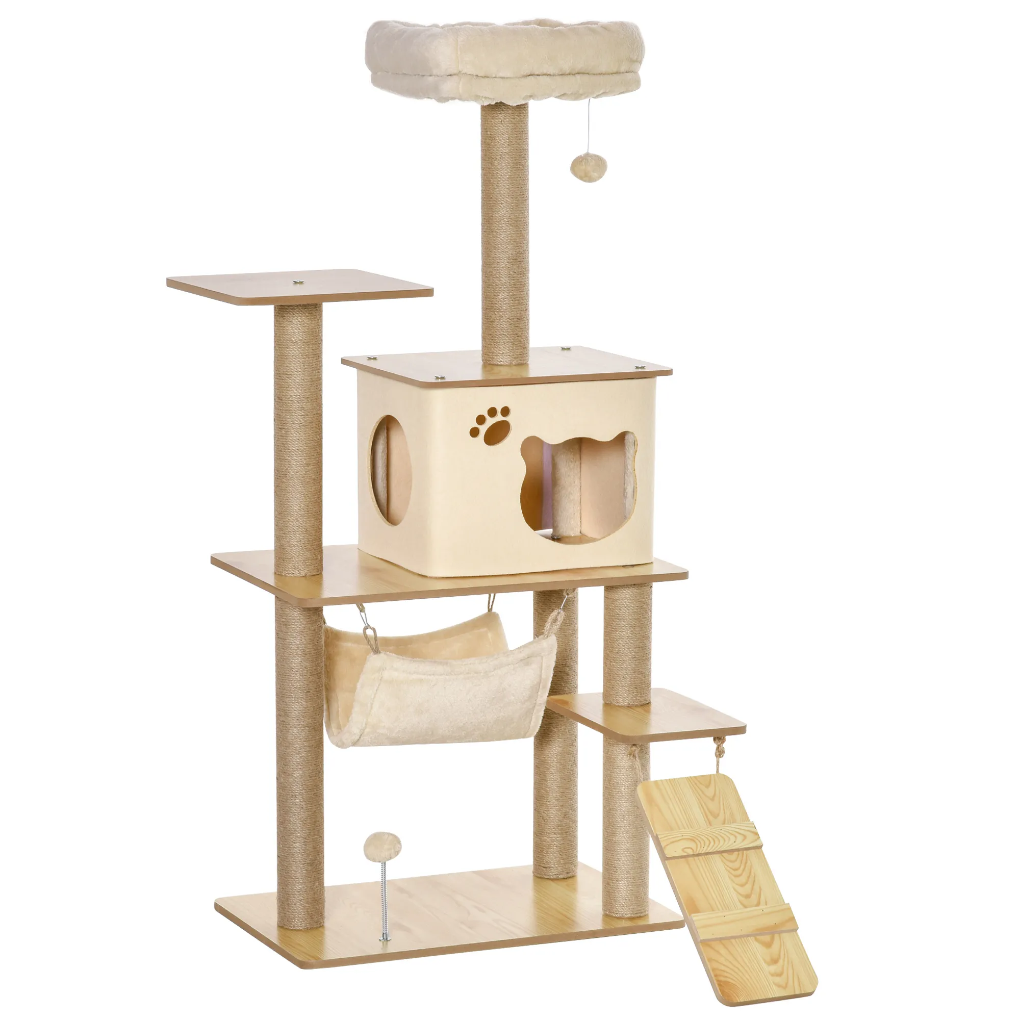 Kratzbaum Katzenbaum für Katzen Kletterbaum aus Holz mit Katzenhöhle Jutestämmen großer Plattform Spielbälle 130 cm Höhe stabil Plüsch Gelb 60 x 40 x 130 cm
