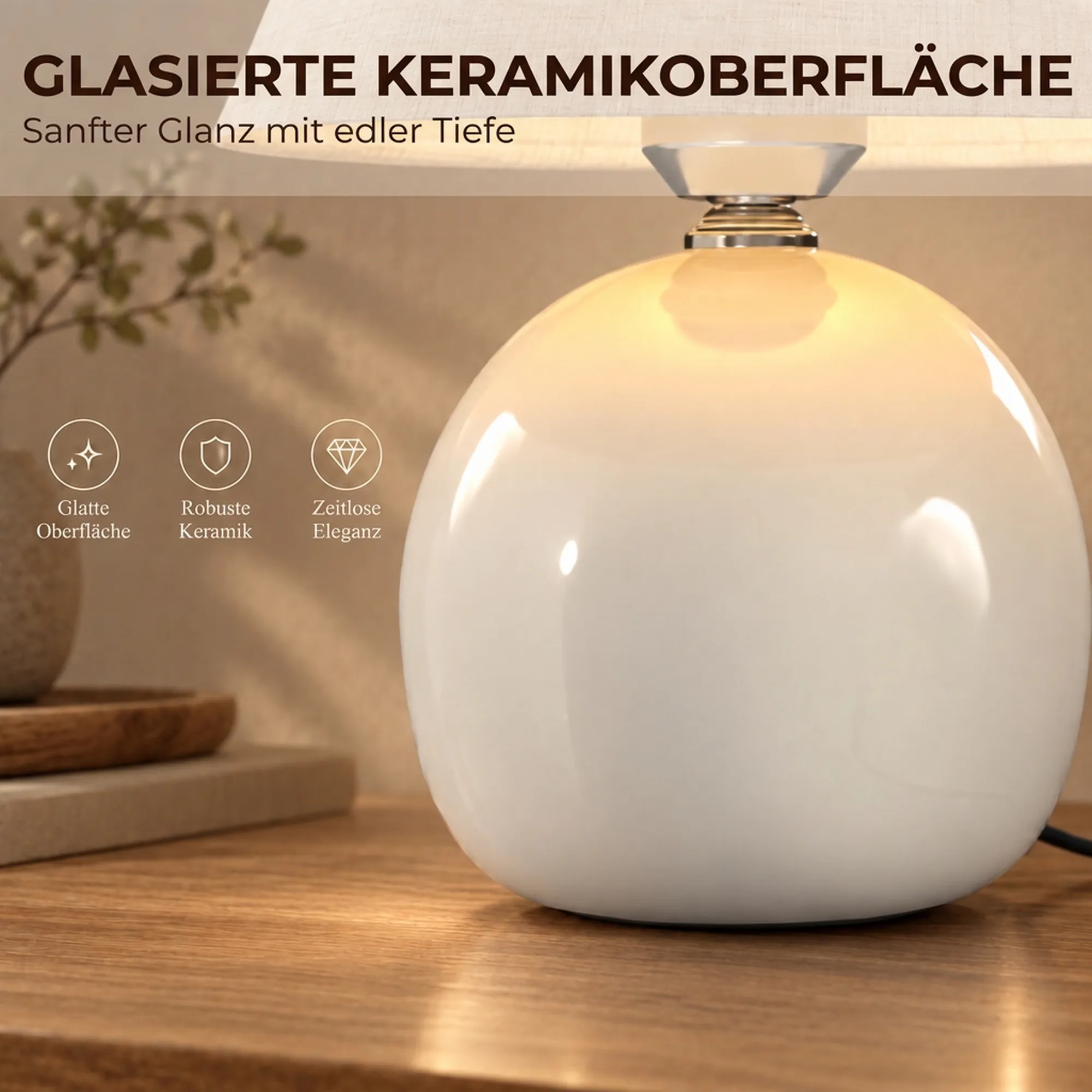 Tischlampe Vintage mit Keramiksockel und Leinen, Cremeweiß