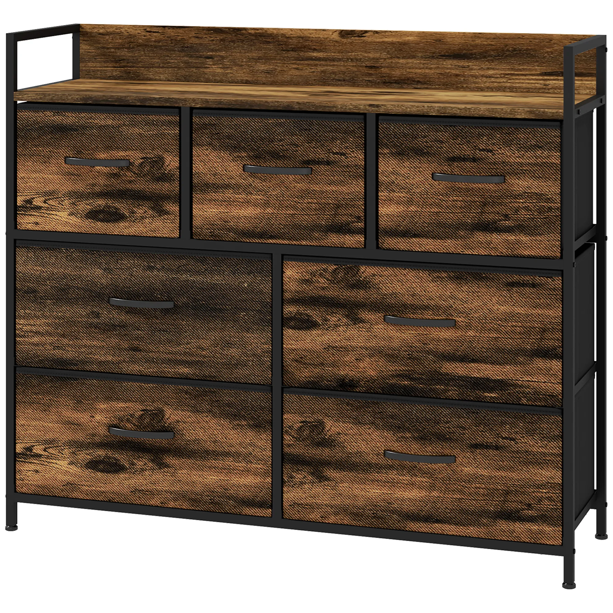 Kommode, Sideboard mit 7 Stoffschubladen, Industrial Design, Stahlrahmen, 98x29x85cm, Braun/Schwarz