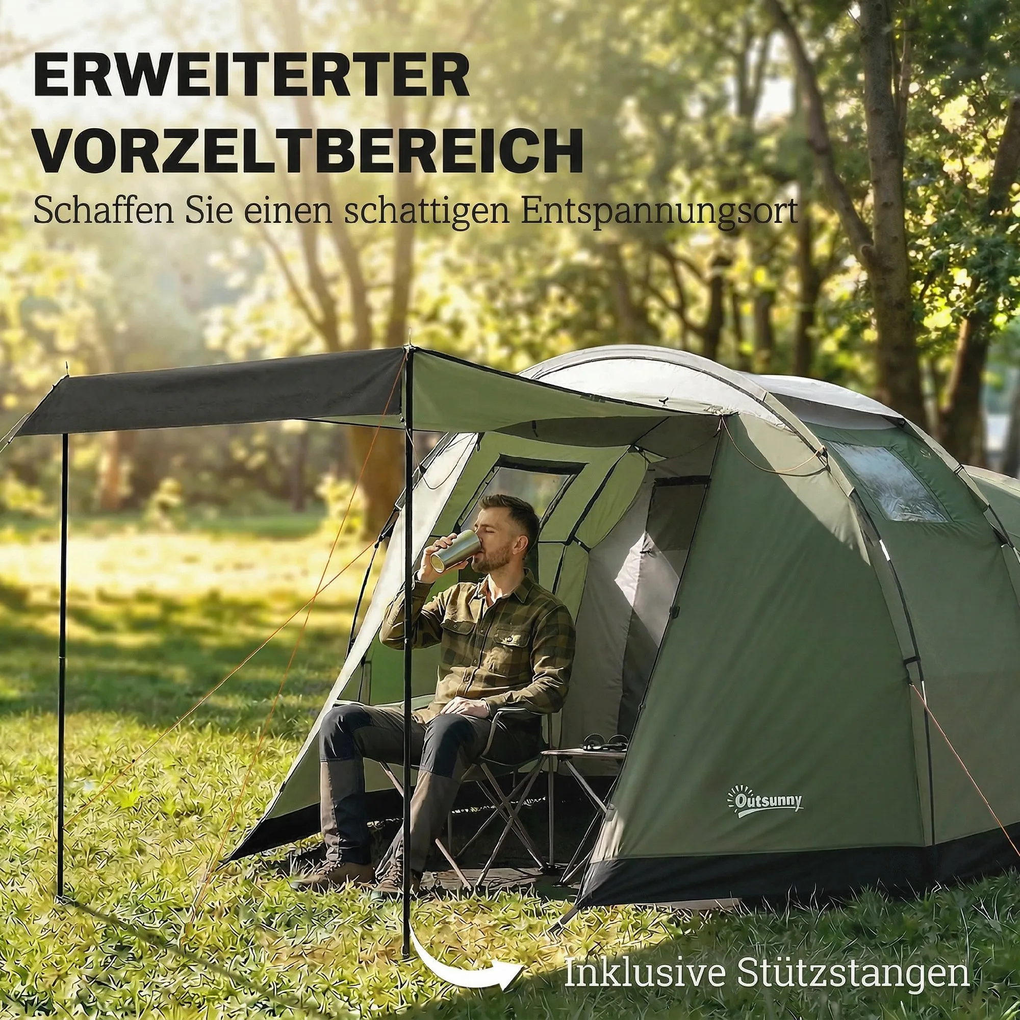 Zelt 4 Personen 460x260x190 cm Armeegrün-Schwarz-Grau