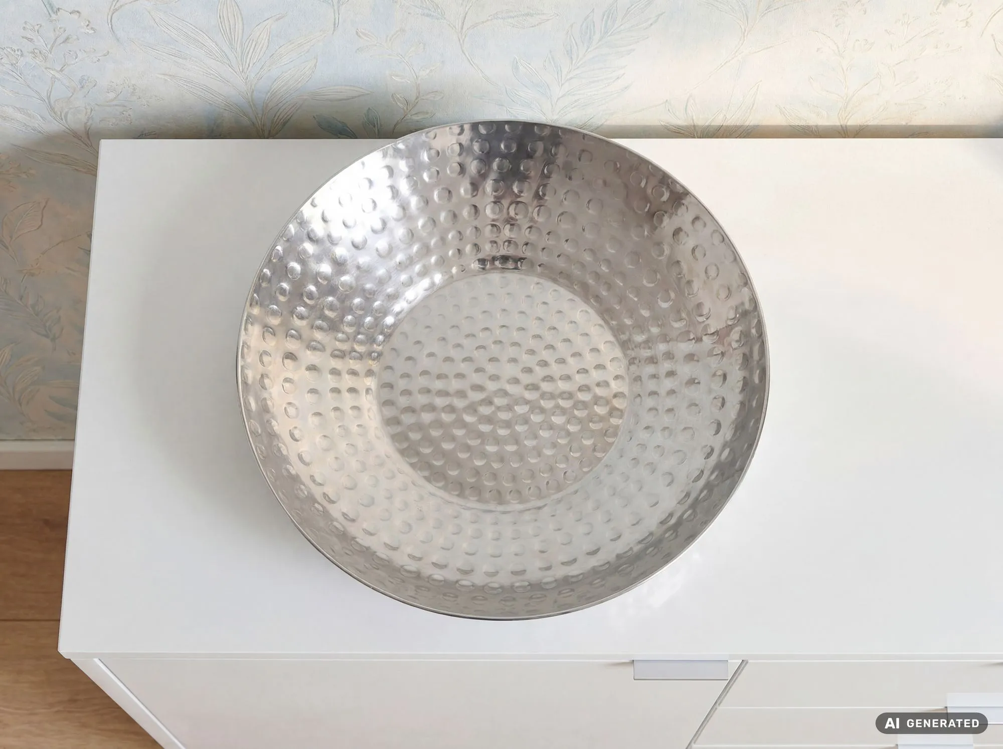 Obstschale rund aus Aluminium 50 cm Hammerschlag Silber Handmade