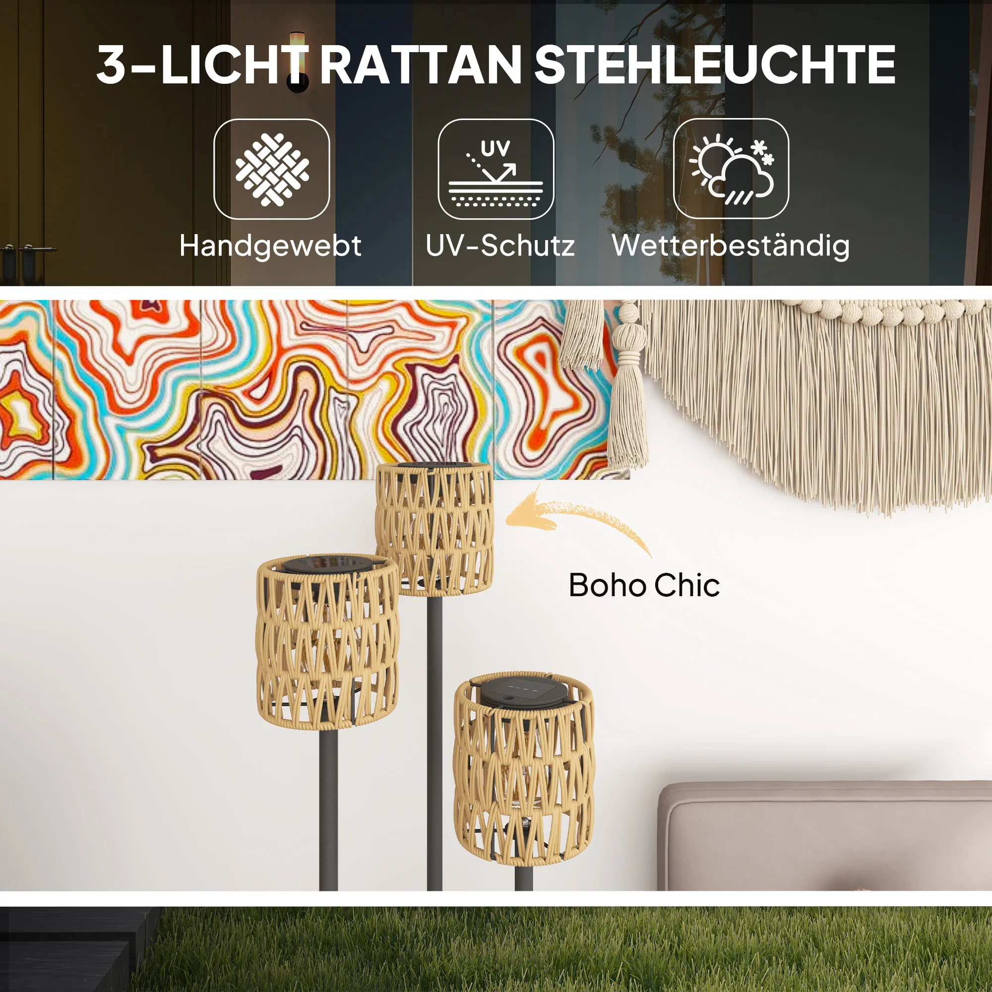 Solar Stehlampe Rattan Gartenleuchte Boho-Stil Ø37 x 144 cm Gelb