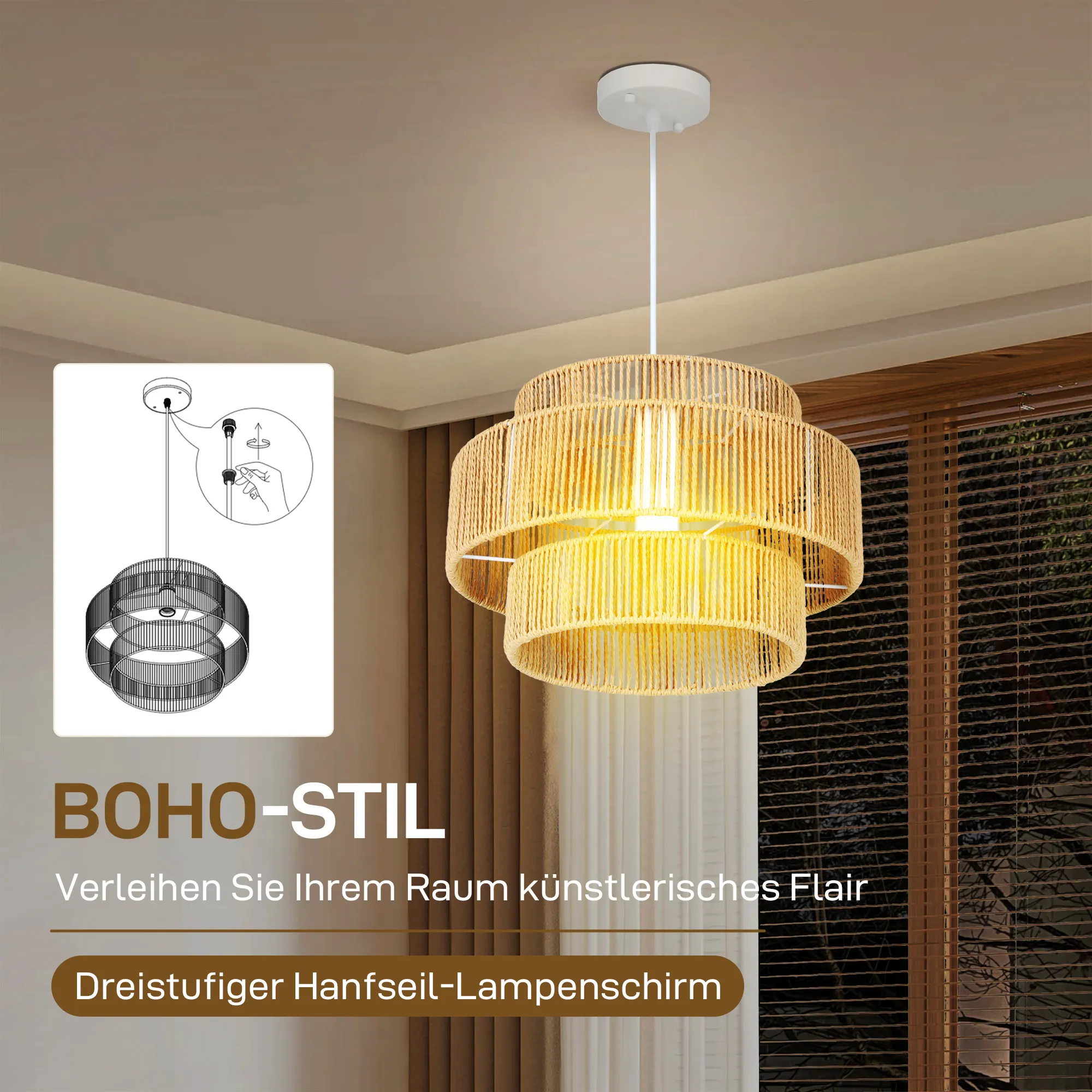Hängelampe Boho-Stil 3-stufig aus Hanfseil und Metall, Hellbraun