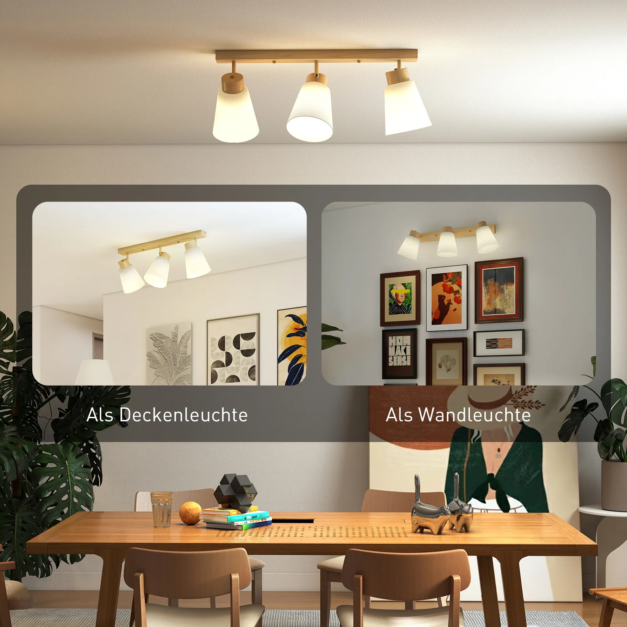 Deckenleuchte LED Naturholz mit 3 verstellbaren Köpfen, E27