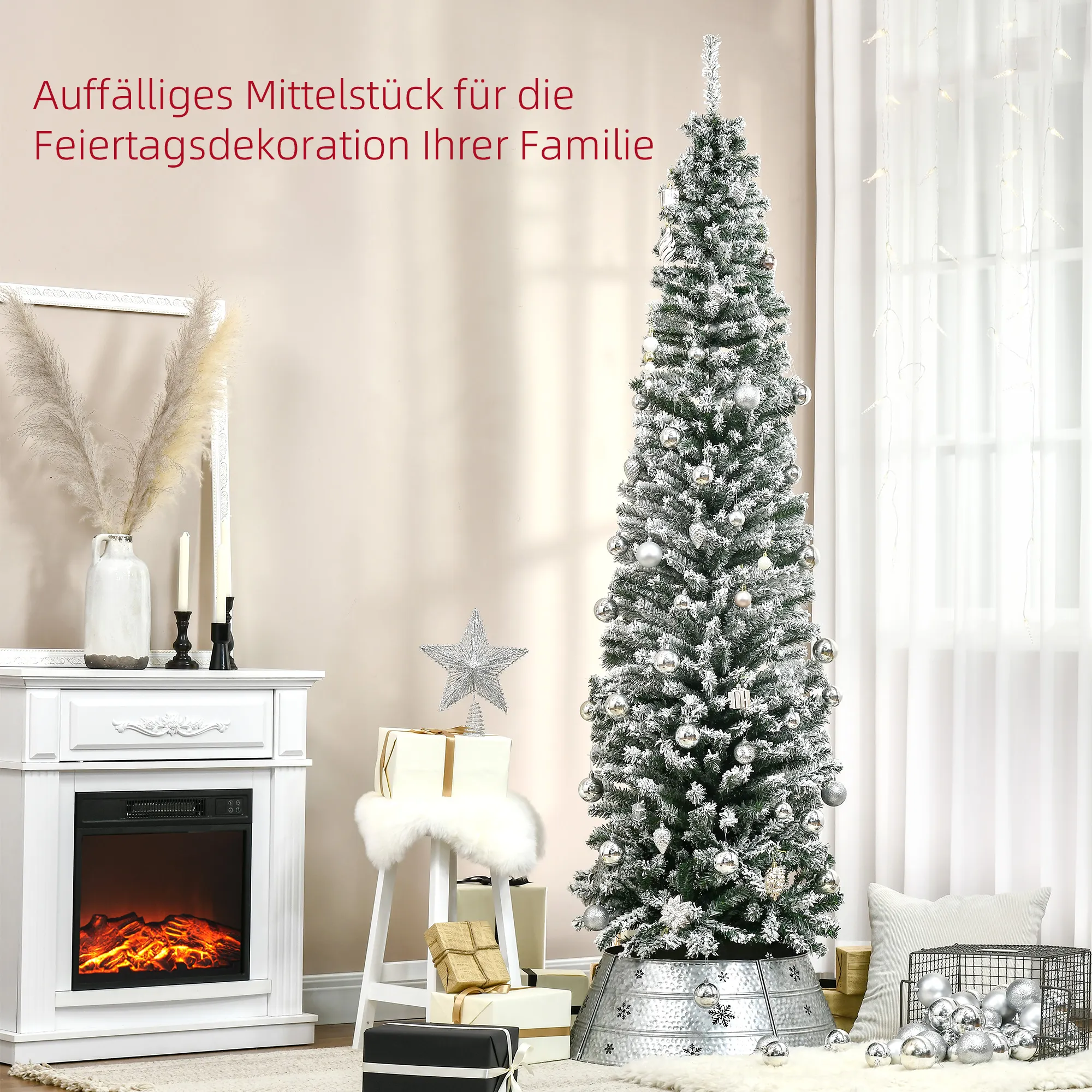 Künstlicher Weihnachtsbaum 225 cm Bleistift Kiefernbaum mit Schnee, 738 Spitzen für drinnen