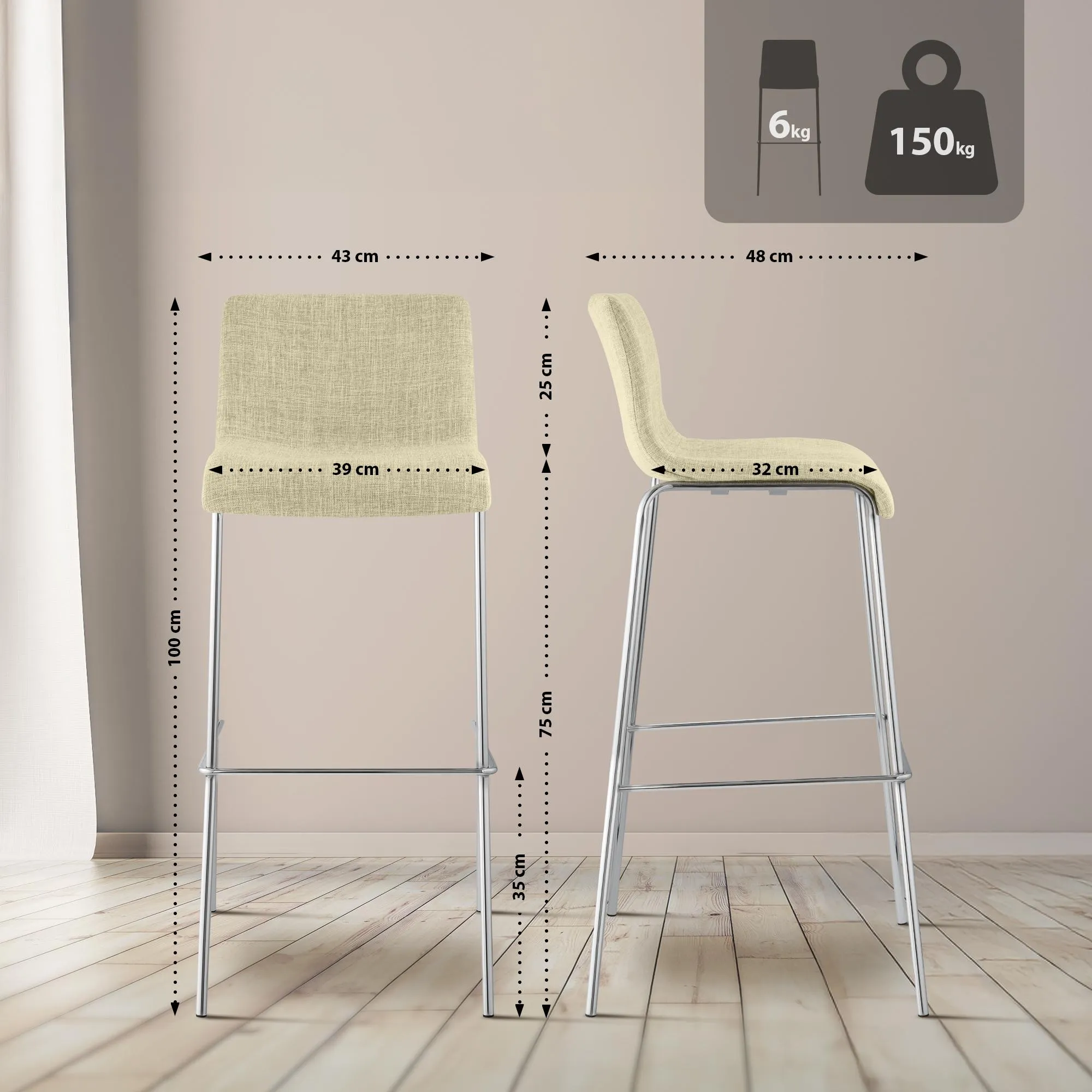 Barhocker Hover Stoff 100x43x48 cm creme