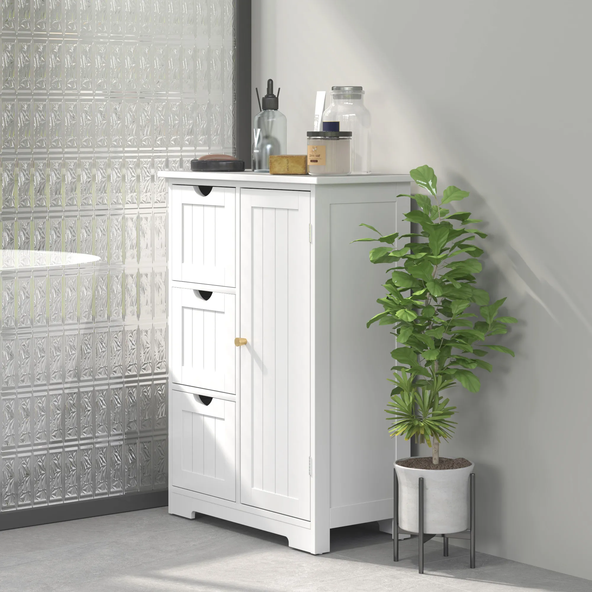 Badezimmerschrank, Badkommode, 3 Schubladen, Regal, MDF, Weiß
