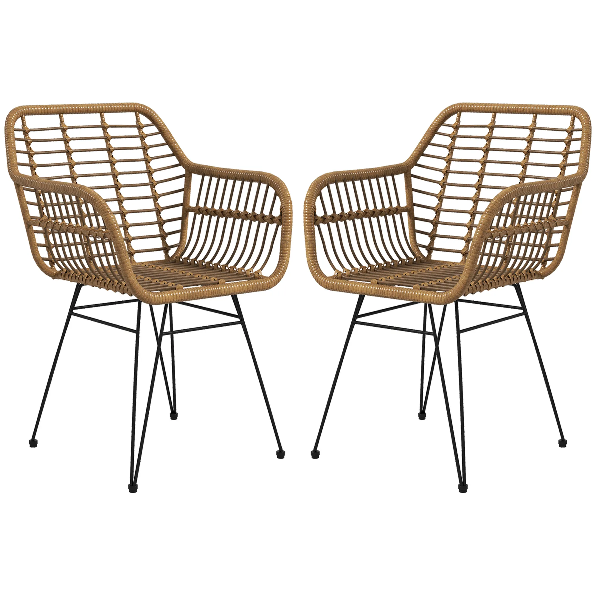 2-er-Set Stühle im Boho-Stil, Küchenstühle, PE-Rattan, 56 x 60 x 79 cm, Natur + Schwarz