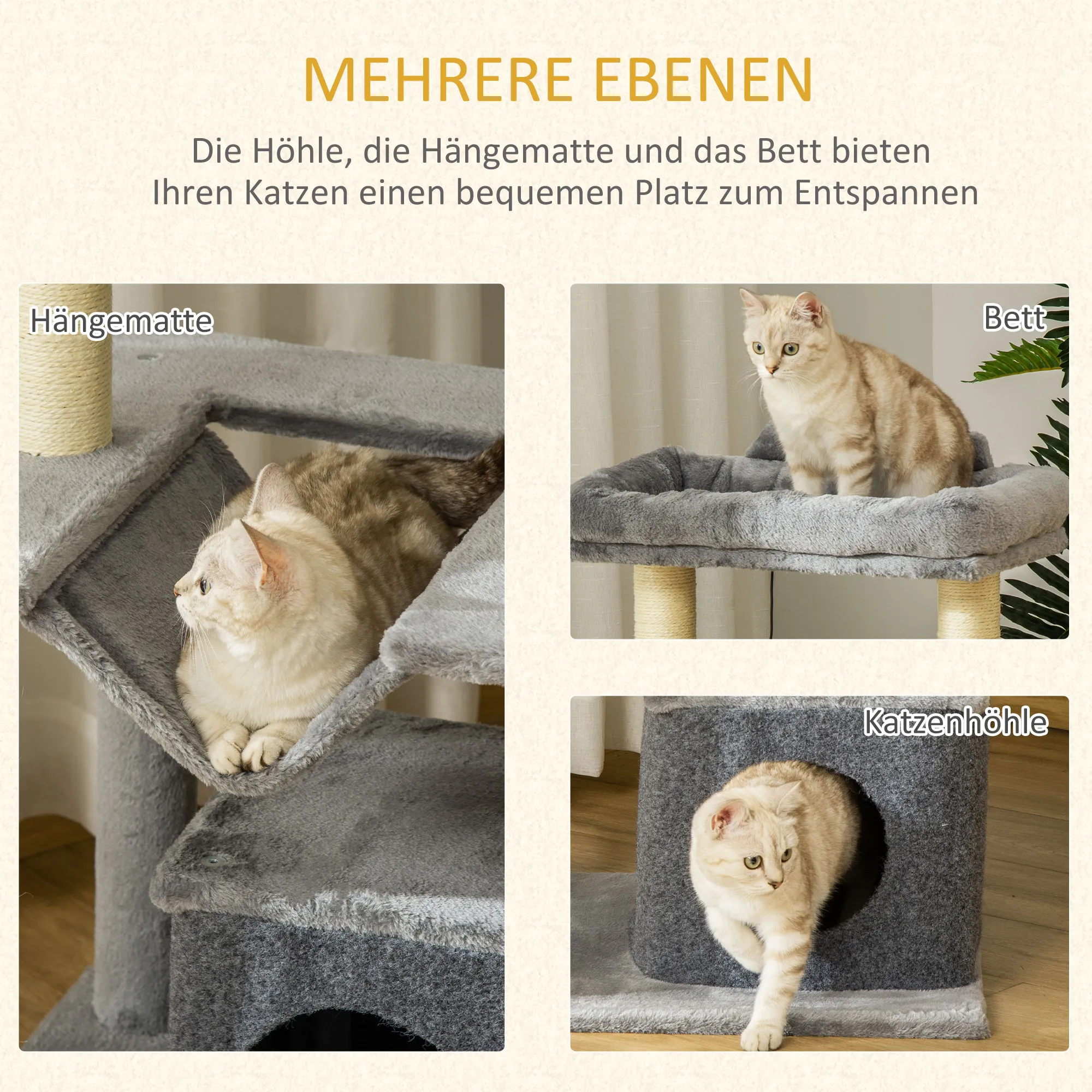 Kratzbaum für Katzen mit Hängematte und Höhle, Plüsch, Grau, 90cm