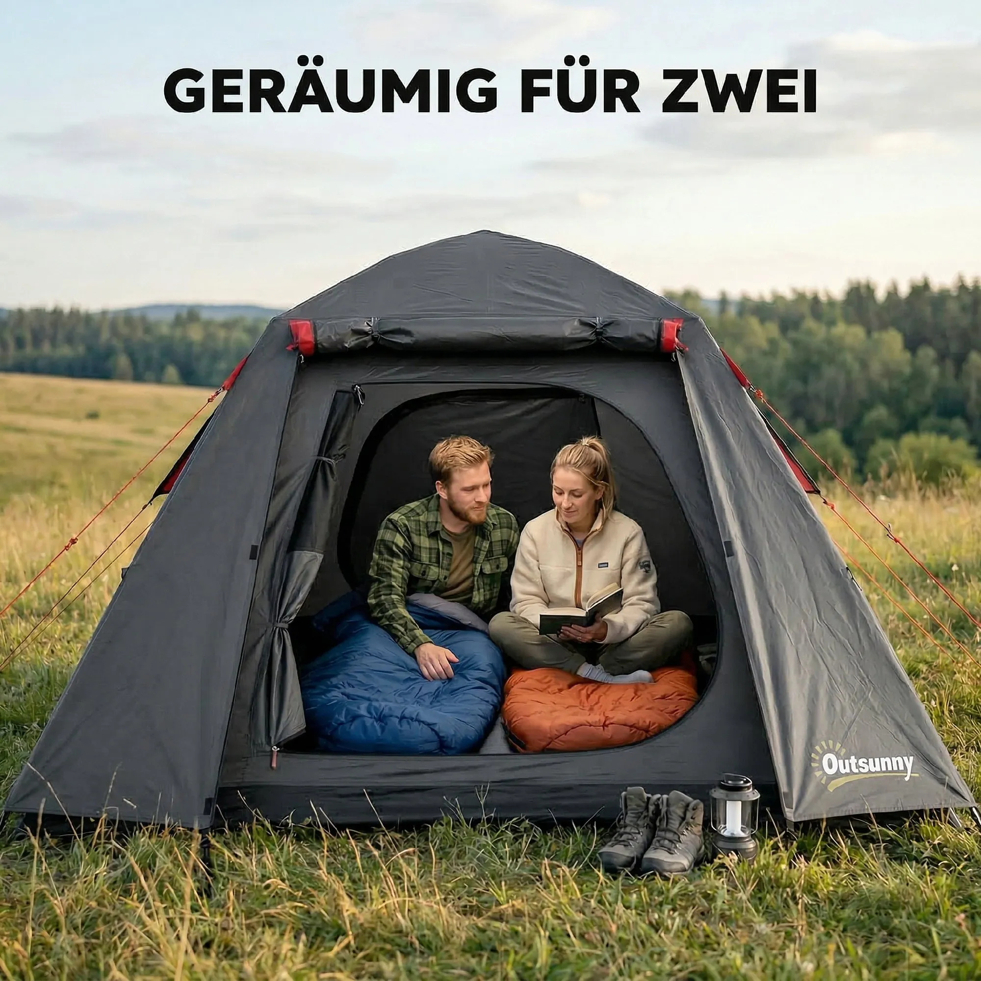 Kuppelzelt 2 Personen 210x210x150 cm Dunkelgrau-Rot