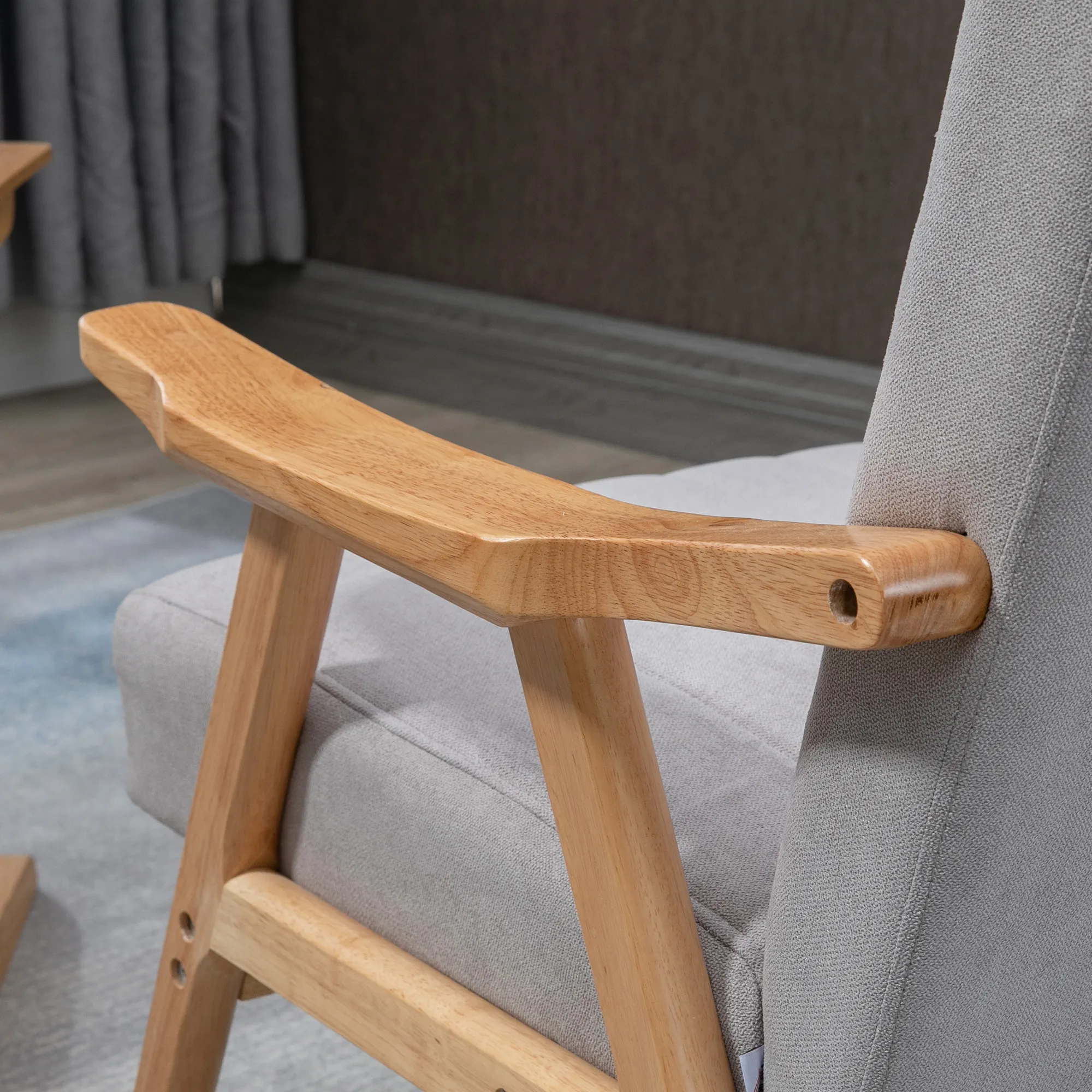 Sessel im Skandi-Design, bis 120 kg, Samtoptik, Massivholz  68 cm x 74 cm x 82 cm, Natur + Grau