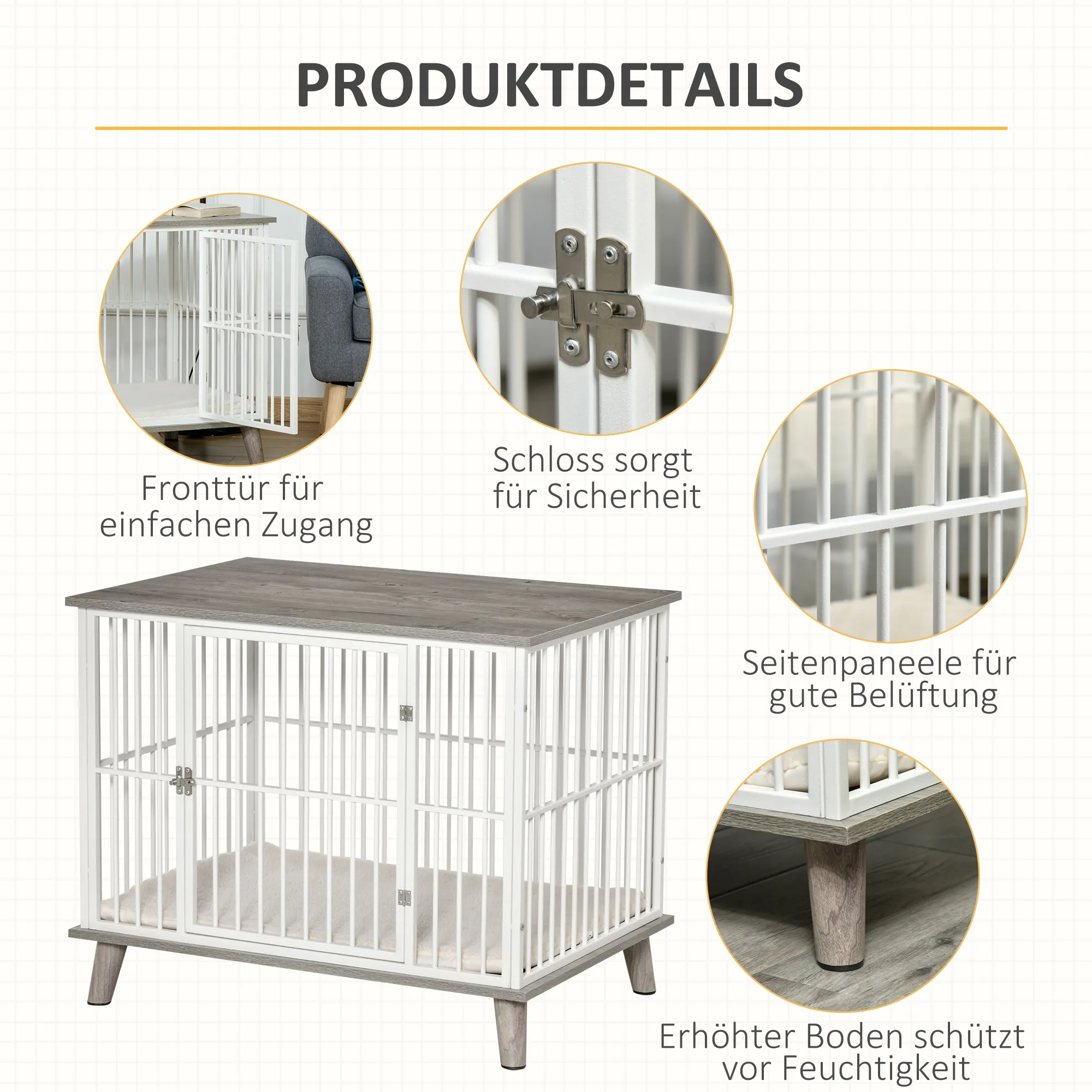 Hundekäfig Weiß/Grau 86B x 60T x 70H cm für mittelgroße Hunde
